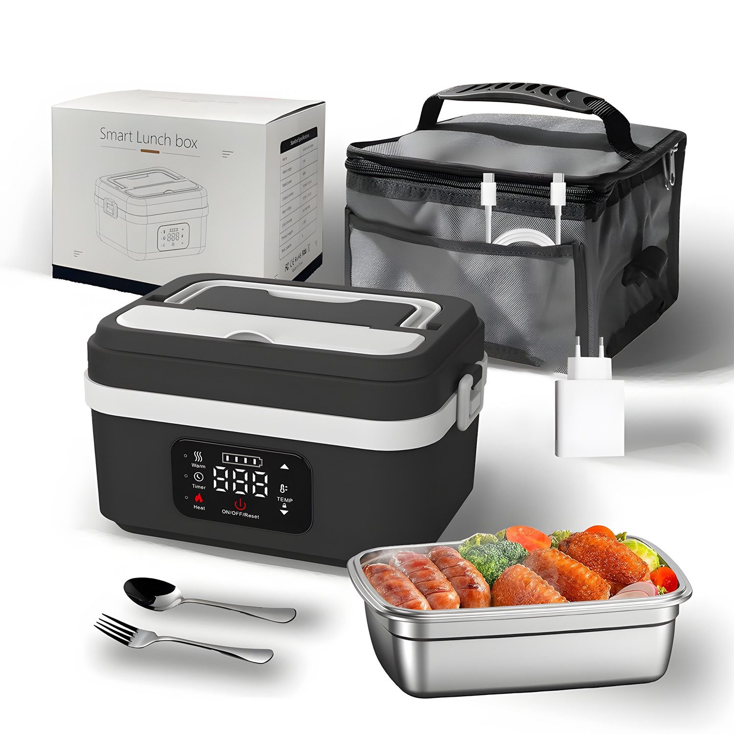 AKKEE Elektrische Lunchbox Kabellos 1 L Batteriebetrieben Beheizbare Lunchbox 16000mAh, 60W selbstheizender Speisenwärmer für Büro Auto Reisen
