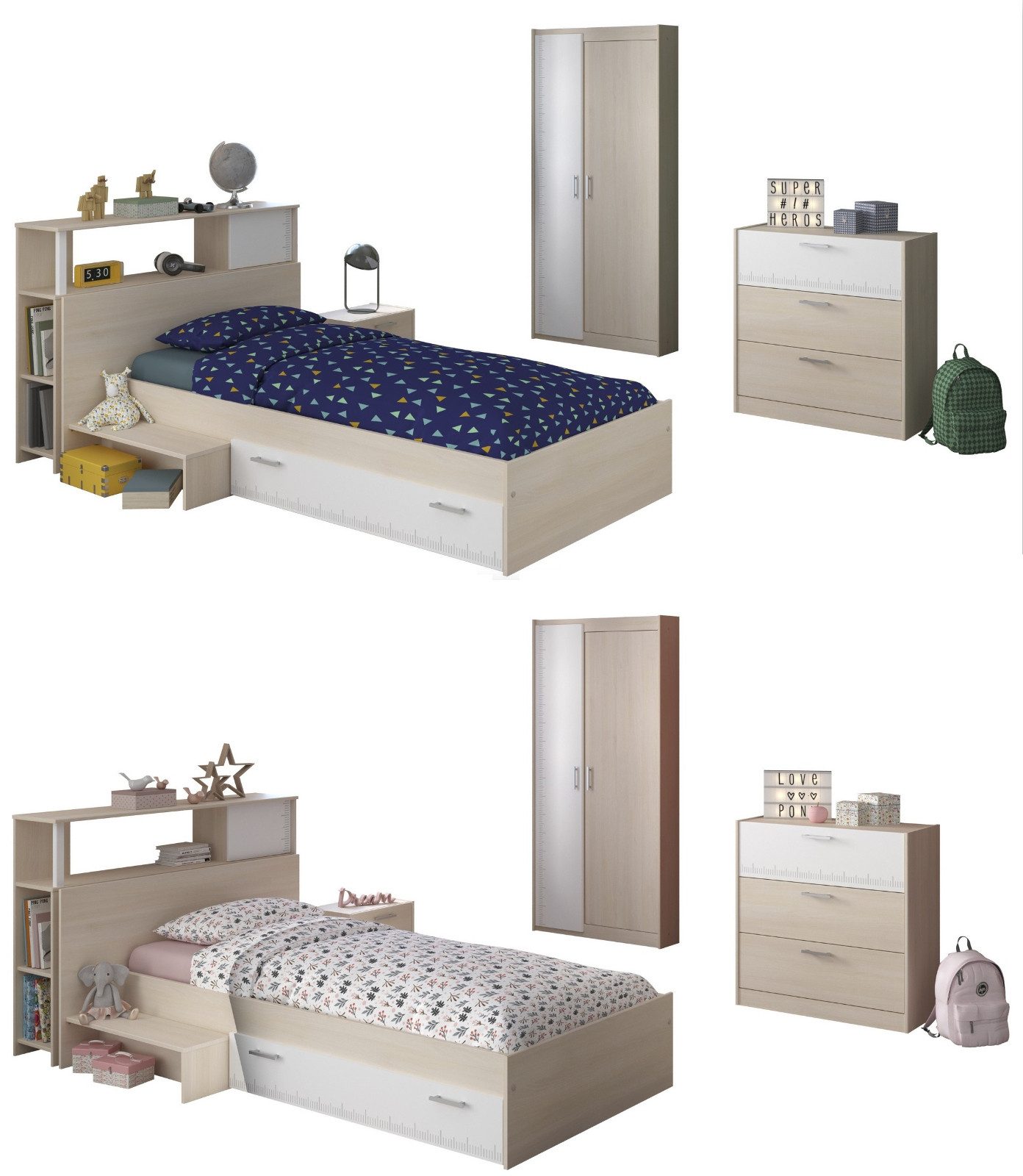 Parisot Jugendzimmer-Set Charly, (Kinderzimmer Komplett-Set, Kleiderschrank, Kommode, Nachttisch, Regal), inkl. Stauraumbett 90 x 200