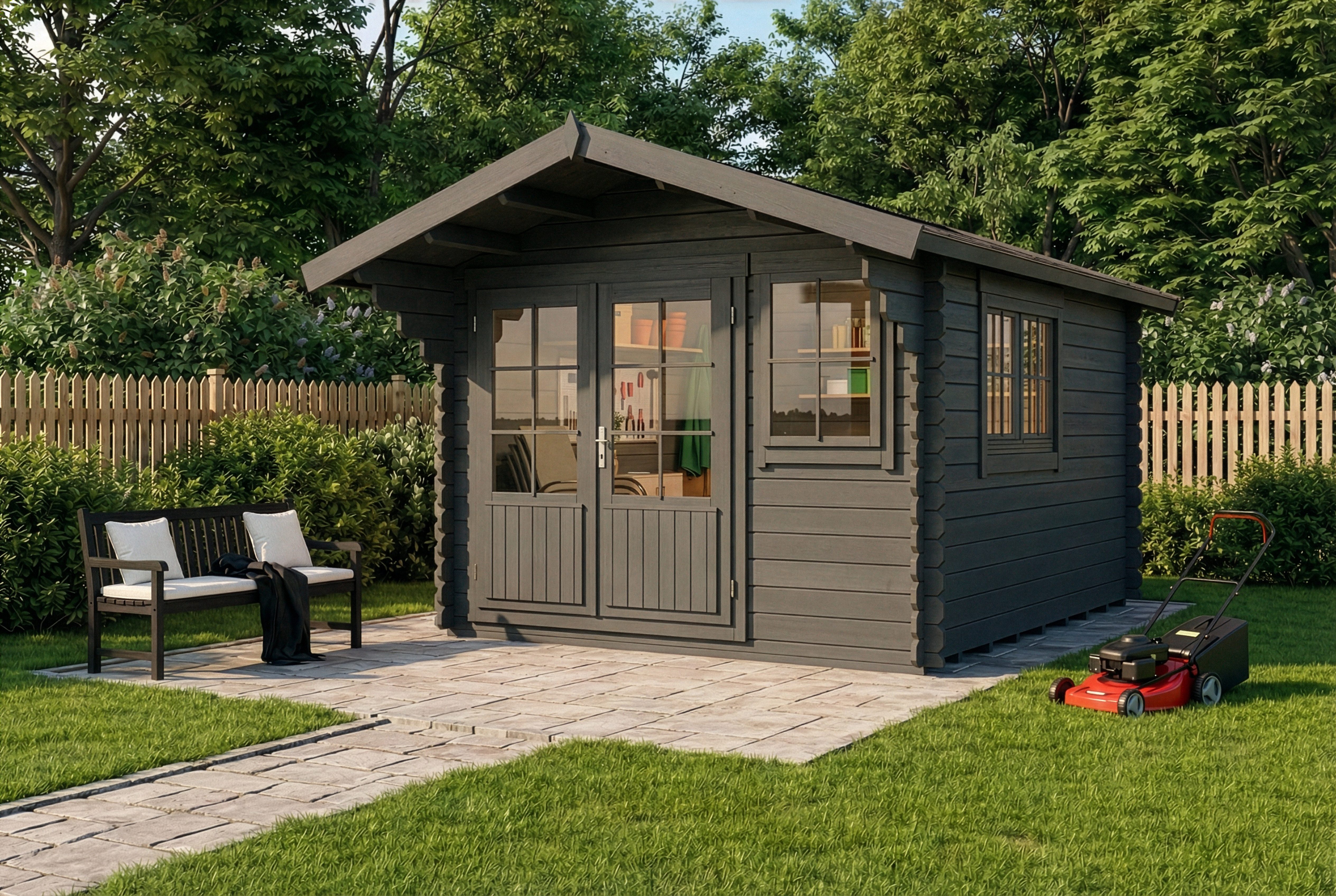 Alpholz Gartenhaus Holz Gabriel 300 x 400 cm, BxT: 338x467 cm, in Imprägniert (Grau) Inkl. Fußboden mit 34mm Wandstärke