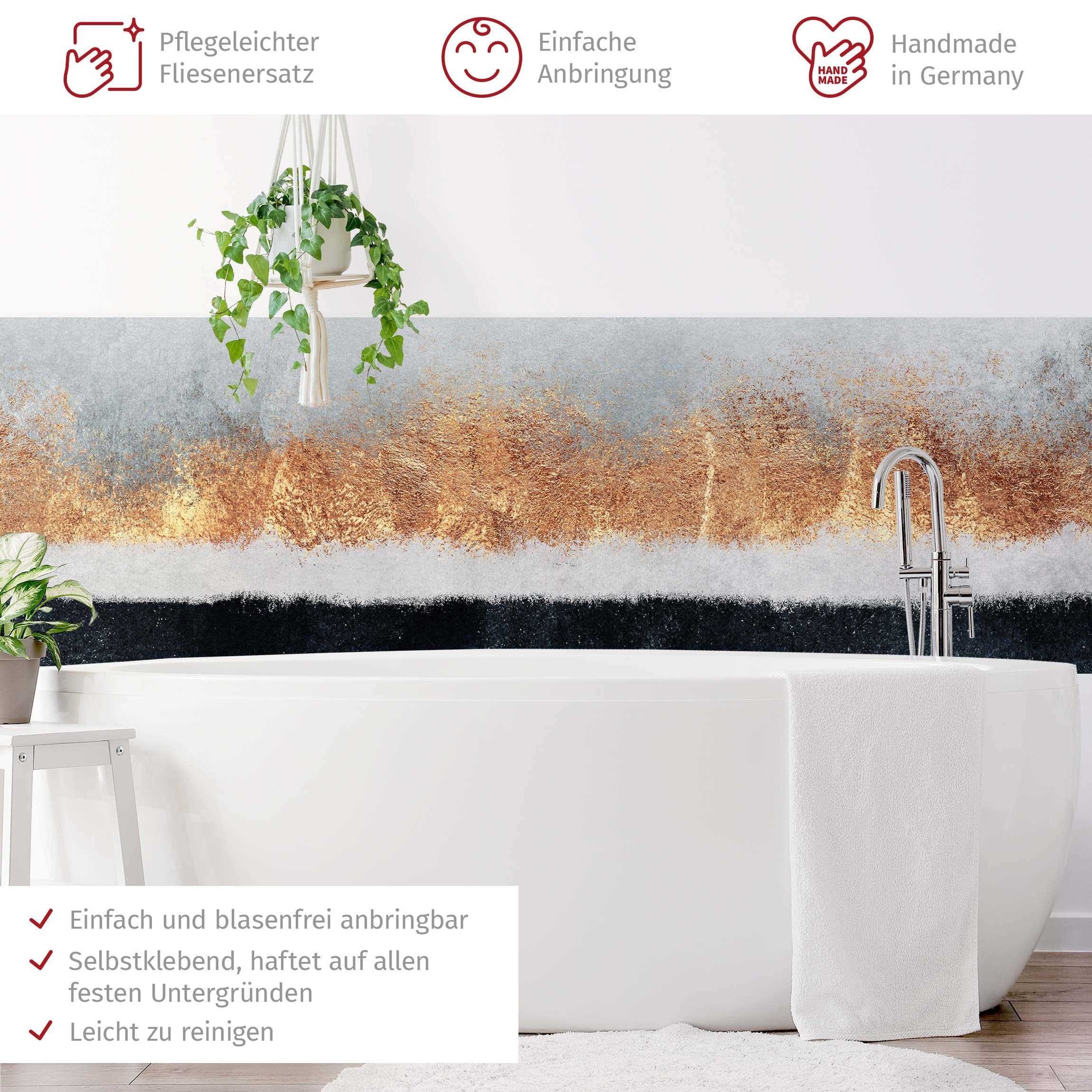 Bilderdepot24 Badrückwand gold fugenlose Wandverkleidung Bad Abstrakt, (Hartfolie matt » Selbstklebend SMART 0,35 mm), wasserfestes Wandpaneel Goldener Horizont Aquarell