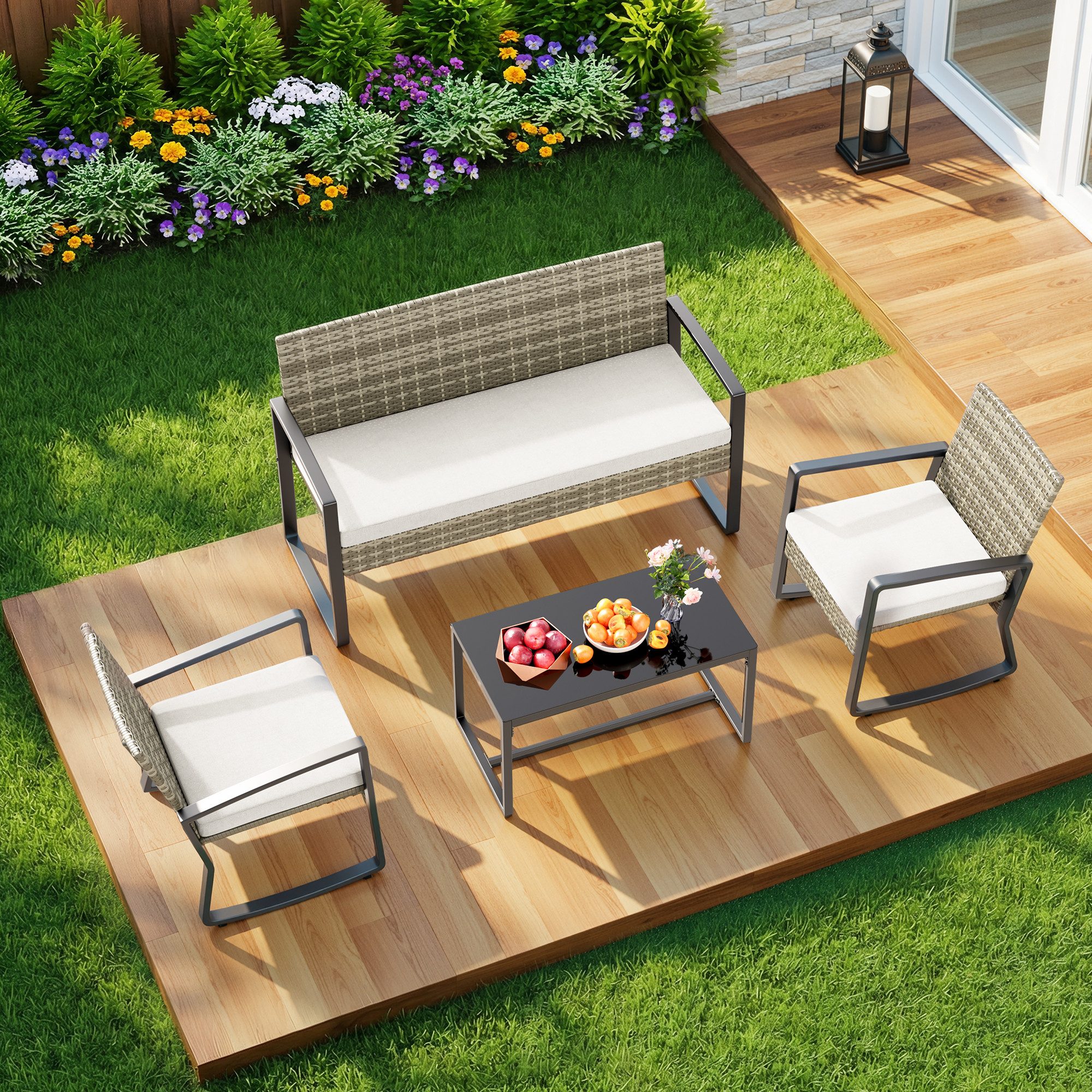 Bealife Balkonset Garten Balkonmöbel-Sets, 4-er Set Rattanmöbel für 4 Personen, (Ein 4-teiliges Set), Mit Schaukel-Funktion