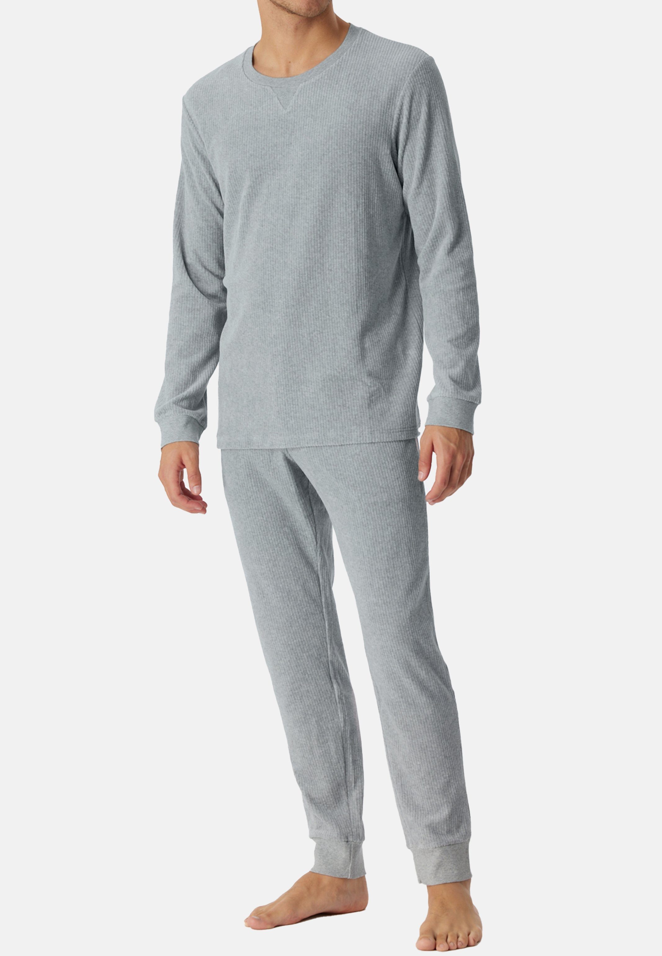 Schiesser Pyjama Warming Nightwear Velour (Set, 2 tlg) Schlafanzug - Baumwolle - Angenehm auf der Haut Grau Melange