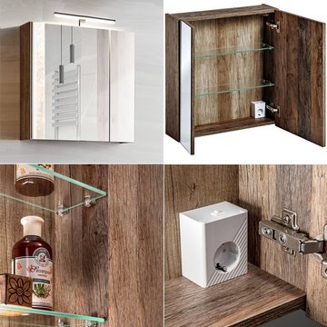 Lomadox Badmöbel-Set PUEBLA-56, (Spar-Set, 11-St), Eiche Waschtischunterschrank Waschbecken Spiegelschrank Hochschrank