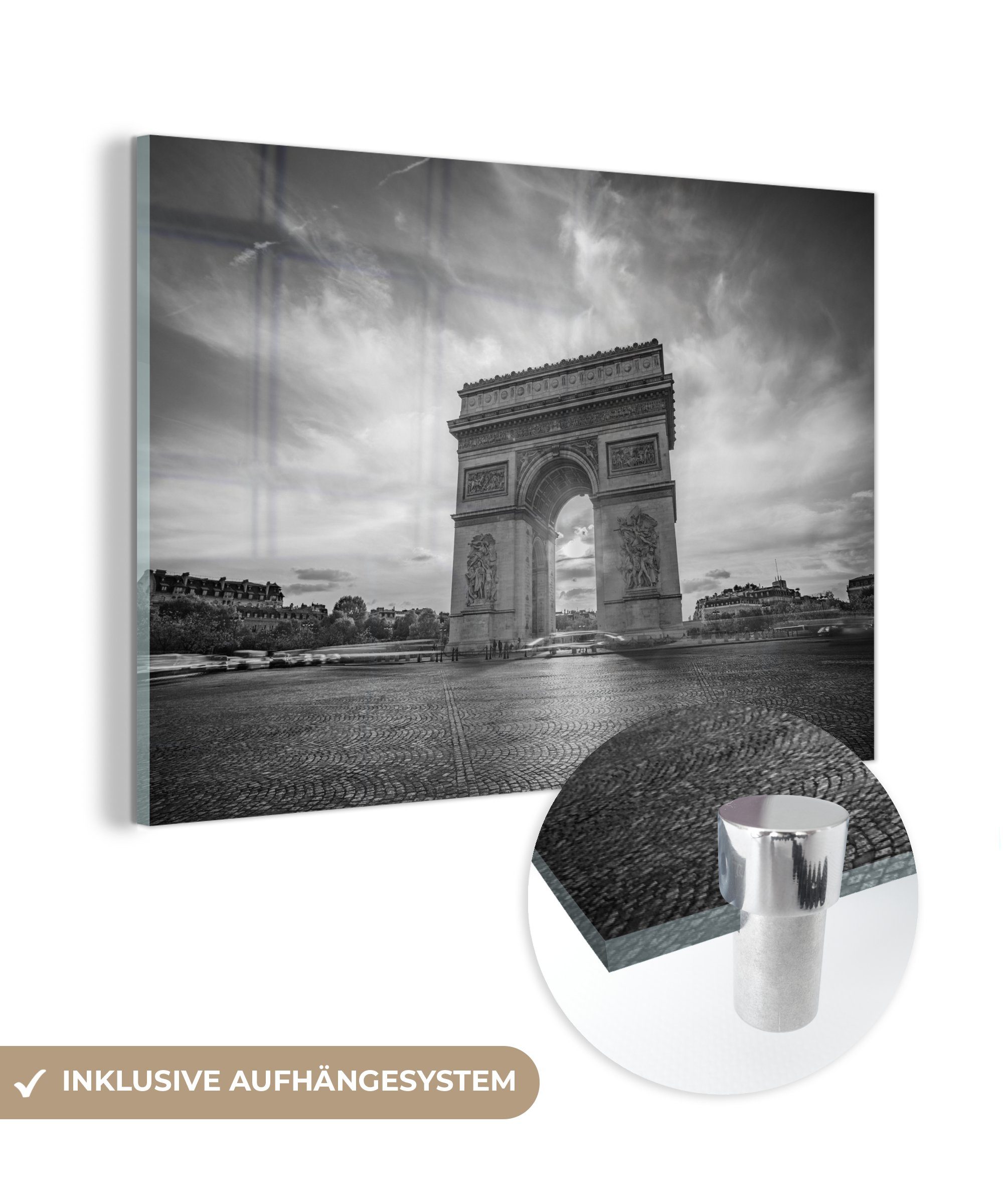 MuchoWow Acrylglasbild Frankreich - Schwarz - Weiß - Arc de Triomphe, (1 St), Acrylglasbilder Wohnzimmer & Schlafzimmer
