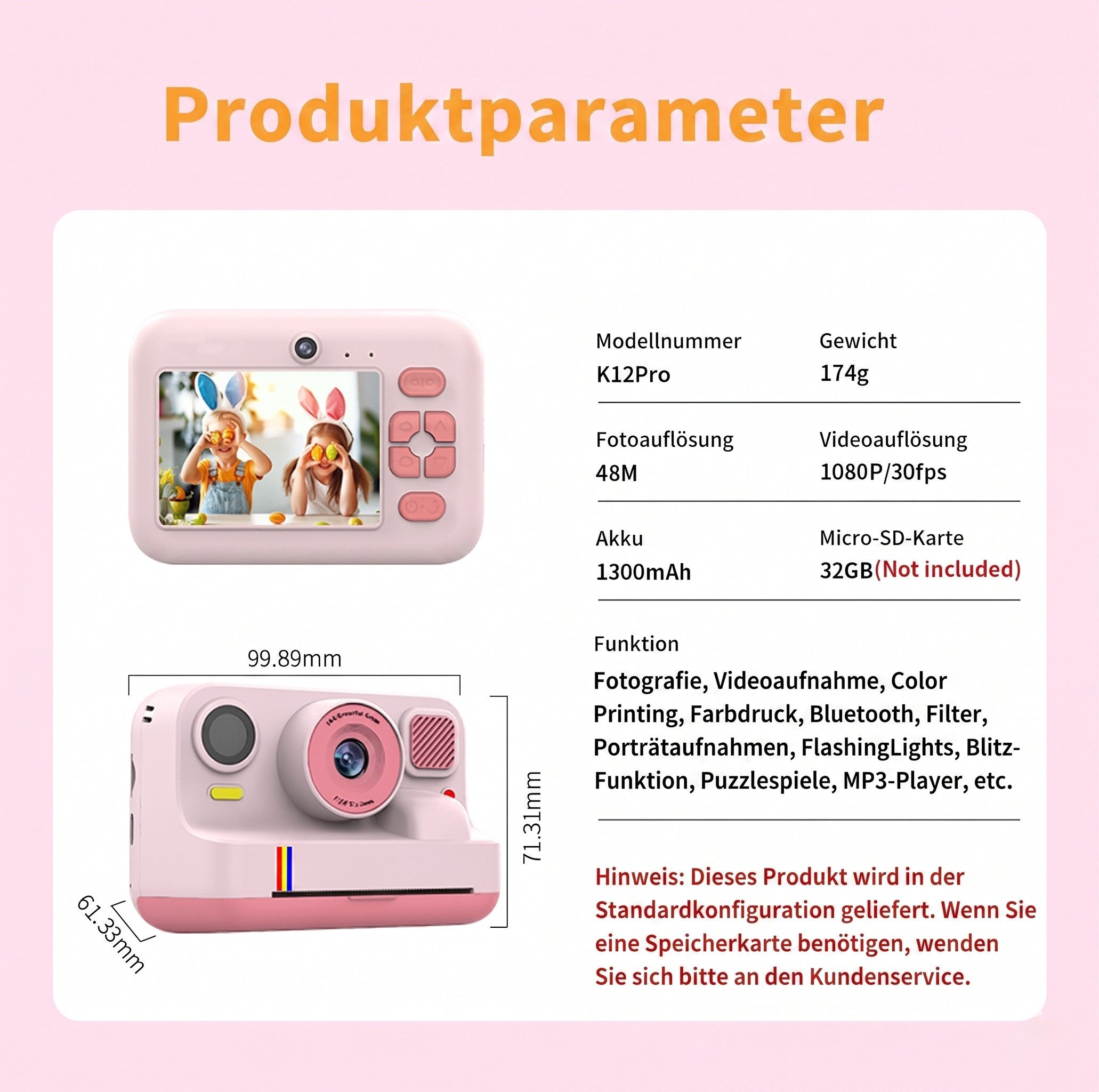 Blossom Digitalkamera Kinder Kamera 1080P 2,4" Display Kinder ab 3 Jahre Kinderkamera (48 MP, inkl. Front- & Rückkamera, Bluetooth-Druck, 1080P Video,MP3, Spiel, für Jungen & Mädchen)