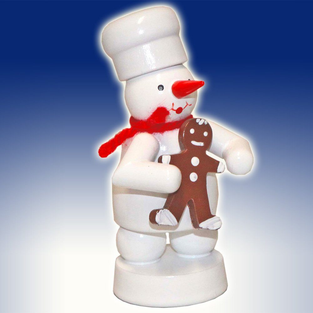 Volkskunst Zenker Schneemann Miniaturfigur Bäcker Schneemann mit Pfefferkuchen-Mann Höhe 8cm NEU