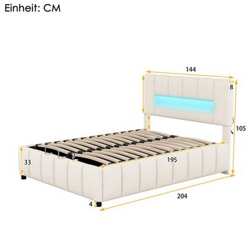 Flieks Polsterbett, LED Beleuchtung hydraulisches Stauraumbett 140x200cm Samt