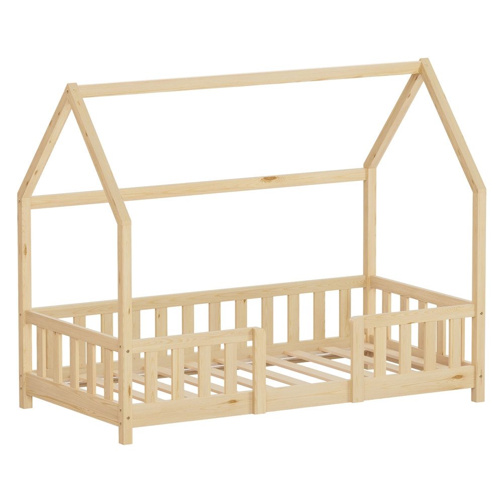 ML-DESIGN Spielbett Hausbett Kinderbett inkl. Lattenrost kreativ Bodenbett für Kinder, Abenteuerbett ohne Matratze 80x160cm Holzbett Natur Kiefer Bettgestell