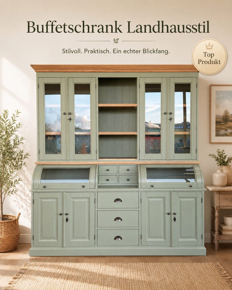 Wohnpalast Buffet Buffet Schrank Berlin 200cm Graugrün/Eiche - Landhaus Möbel