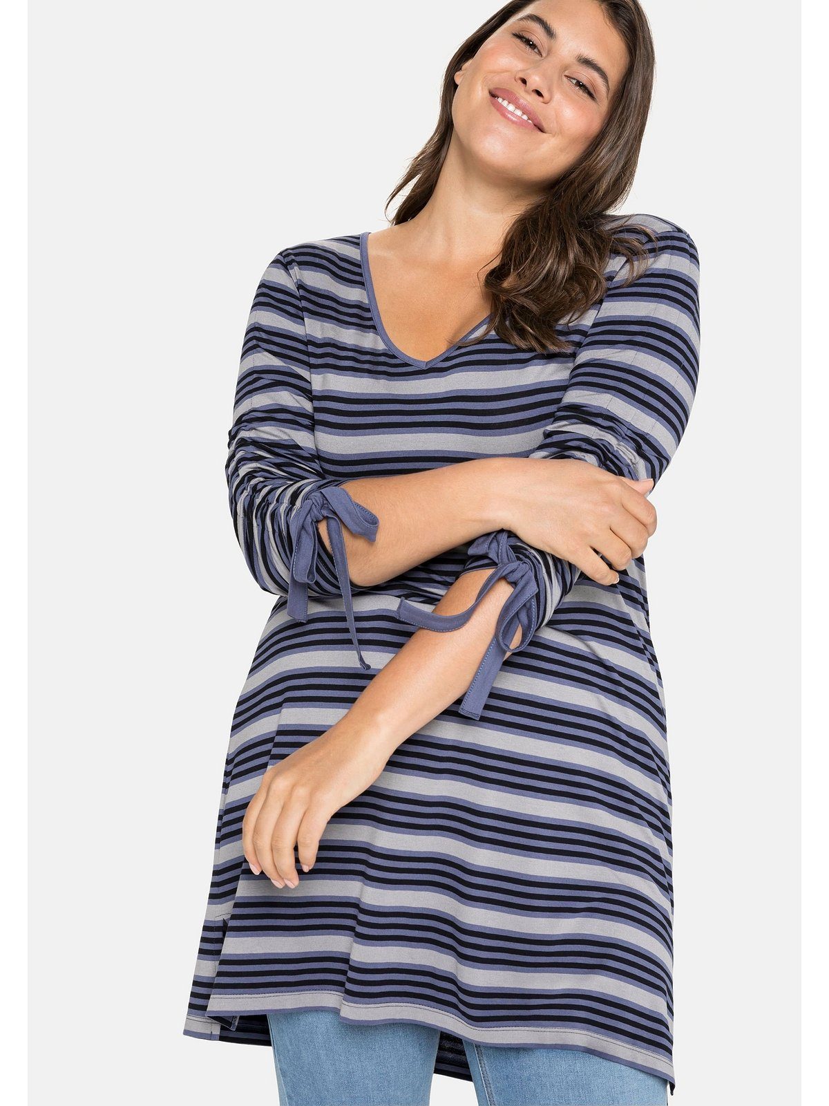 Sheego Longshirt Große Größen mit Ringeln und Raffung am Ärmel