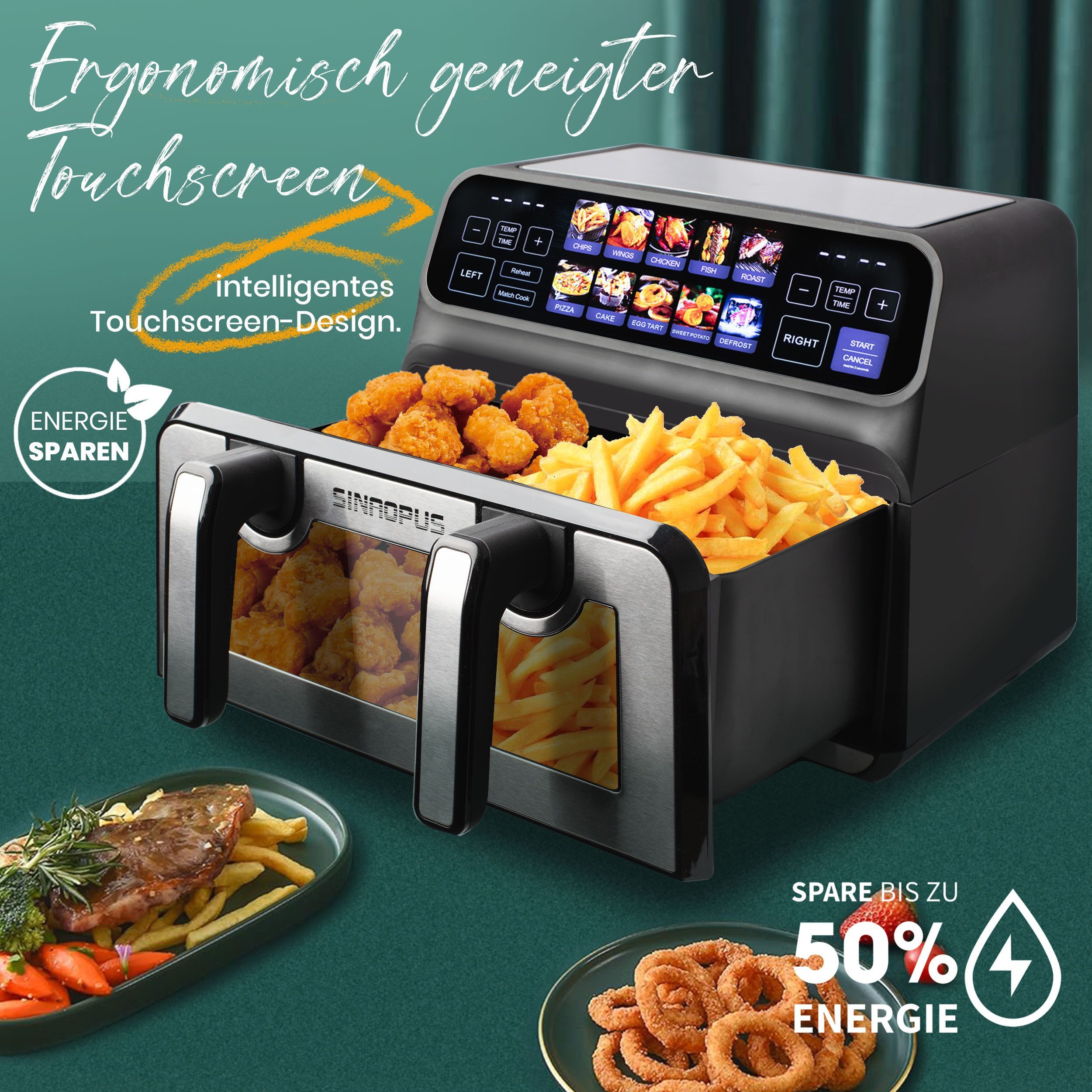 WHEELYOU Heißluftfritteuse 2 Kammern, 9L Airfryer Doppelkammer Einkammer Verstellbar, 2200 W, Touch Display, Sichtfenster, Silber/Edelstahl, Doppelkammer