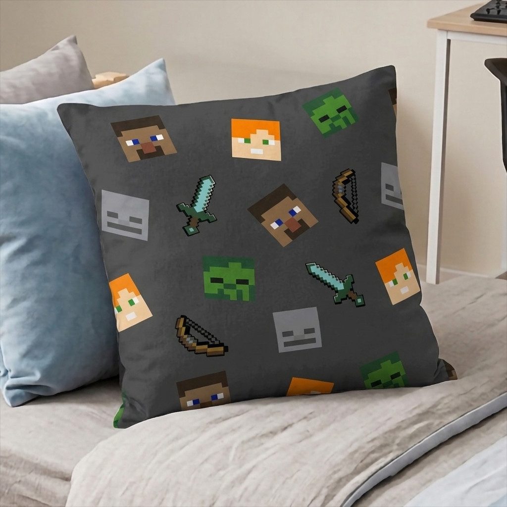 Jerry Fabrics Dekokissen Minecraft Survival Mode Dekokissen Kissen 40x40 cm Steve Alex – Bild 3 von 5