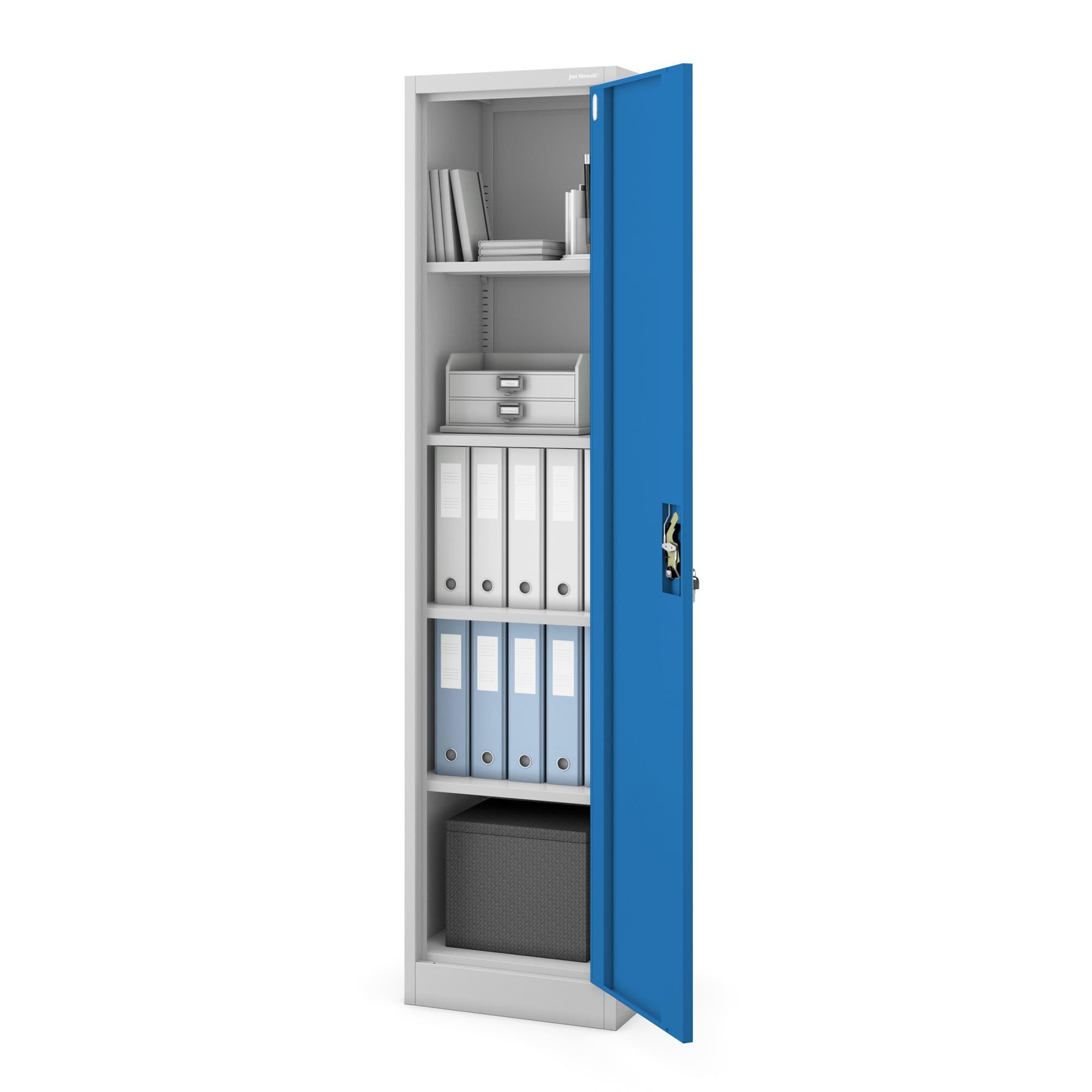 Jan Nowak Aktenschrank Metall Büroschrank abschließbar 45 cm ALEX 4 Böden Stahl schmal (Aktenschrank Ordnerschrank Büro Kanzlei Praxis platzsparend, Stahl 0,6 mm 185 x 45 x 40 cm Wandmontage 2 Schlüssel robust) Schloss langlebig pulverbeschichtet 13 Farben