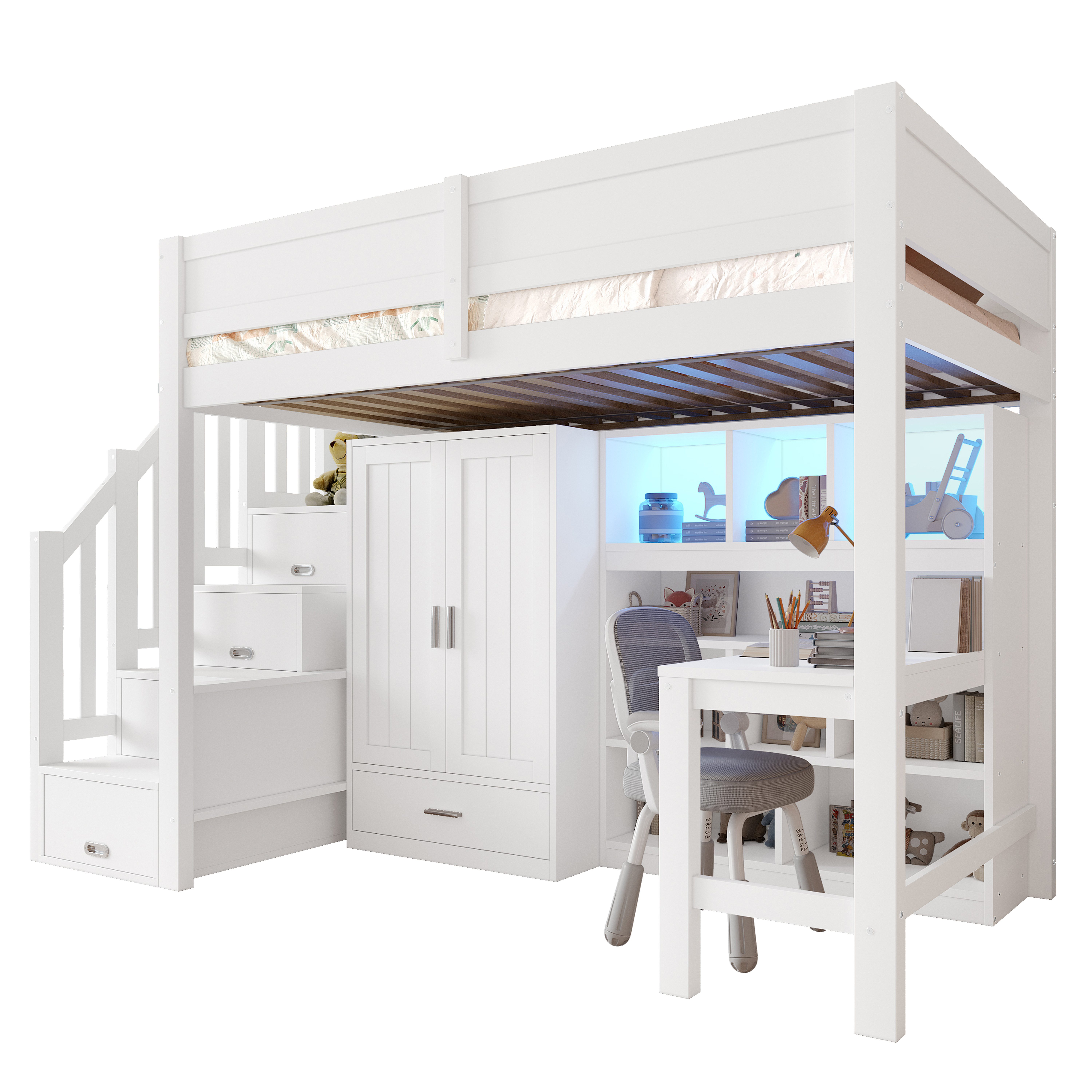 Ulife Hochbett mit LED-Leuchten, Schreibtisch & Kleiderschrank, 90x200cm (1-St) Jugendbett, Holzbett mit Regal, Stauraumtreppe