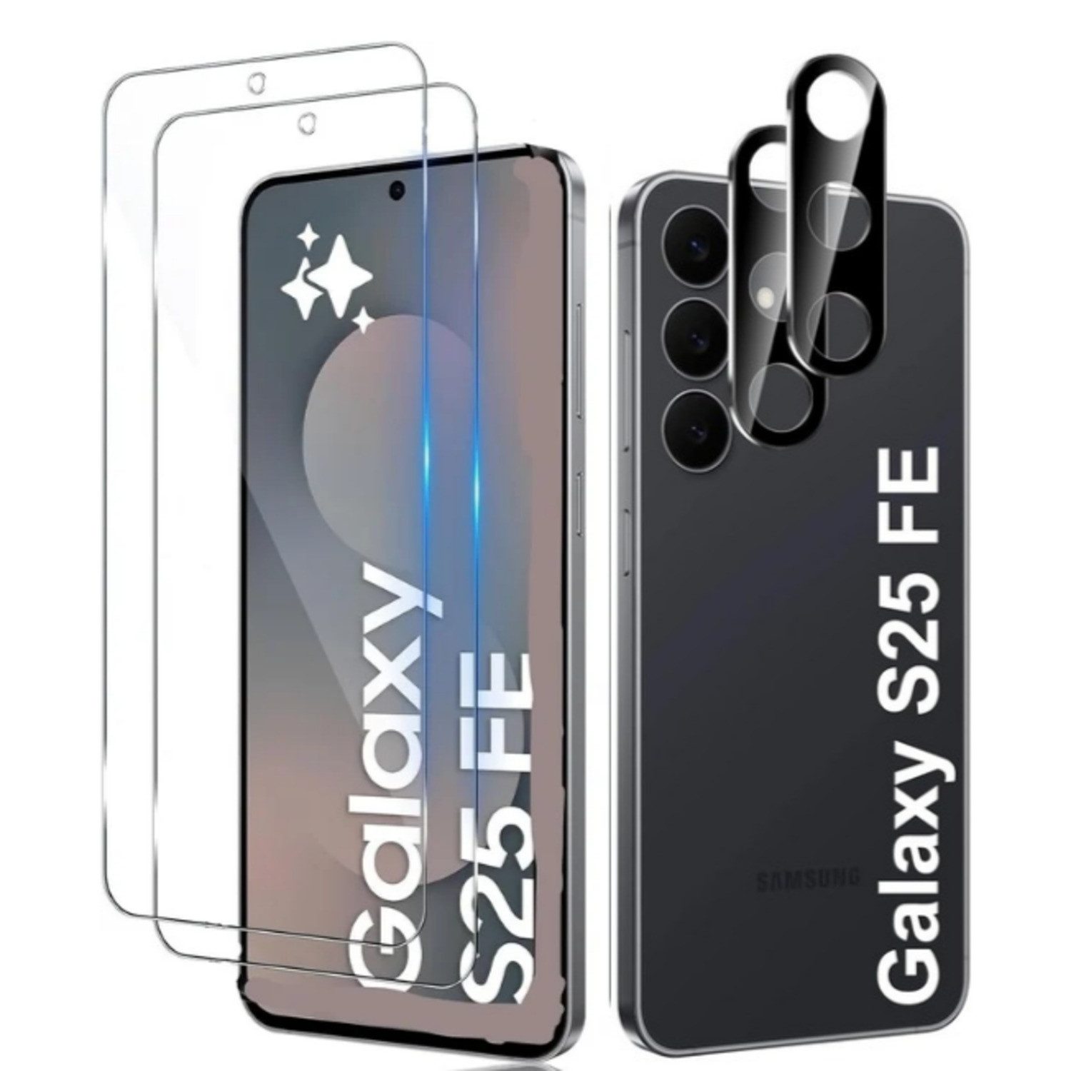 CLM-Tech Displayschutzglas für Samsung Galaxy S25 FE 6,7 Zoll, Spar-Set, 4 Stück, Panzerglas für Bildschirm und Kamera 2+2
