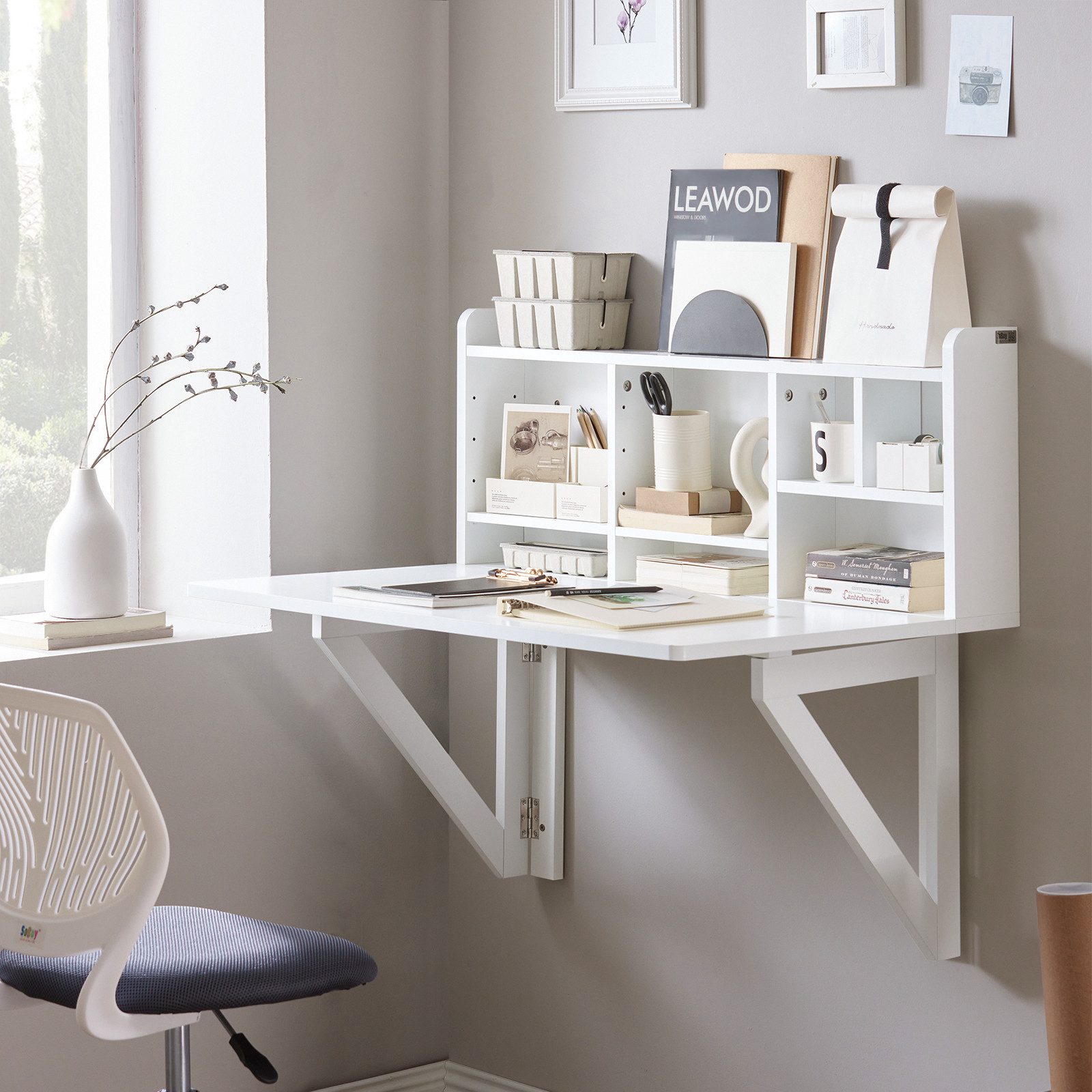 SoBuy Klapptisch FWT07, Wandregaltisch mit integriertem Regal, Wand Tisch, Wandklapptisch Schreibtisch Wandschrank Küchentisch Esstisch Weiß