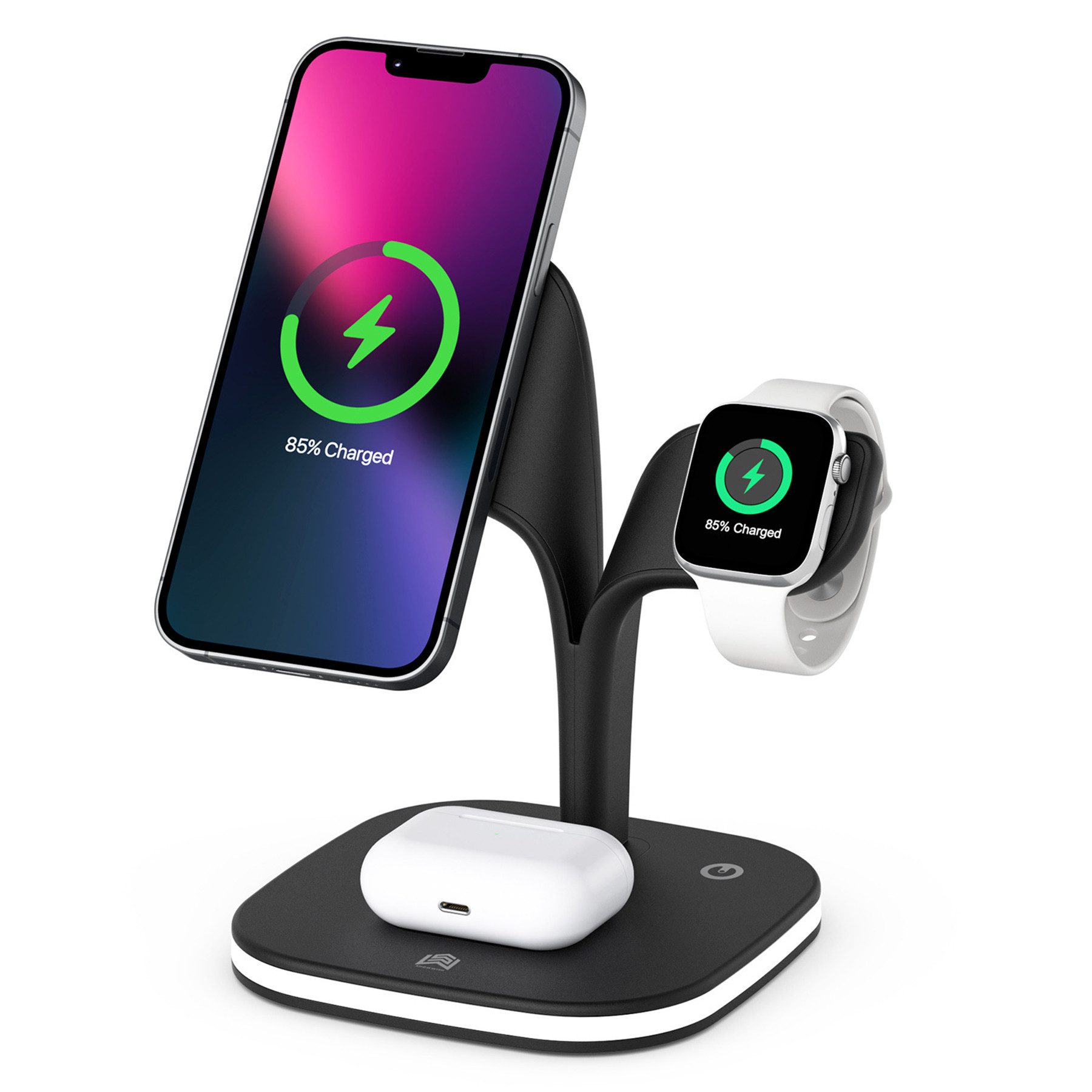 Senmudi 3 in 1 Induktive Ladestation Ladestation (15W Faltbare Wireless Charger mit Nachtlampe, Schnellladegerät für Apple Watch / iPhone /AirPods, Kompatibel mit allen Arten von magnetischen Smartphones)