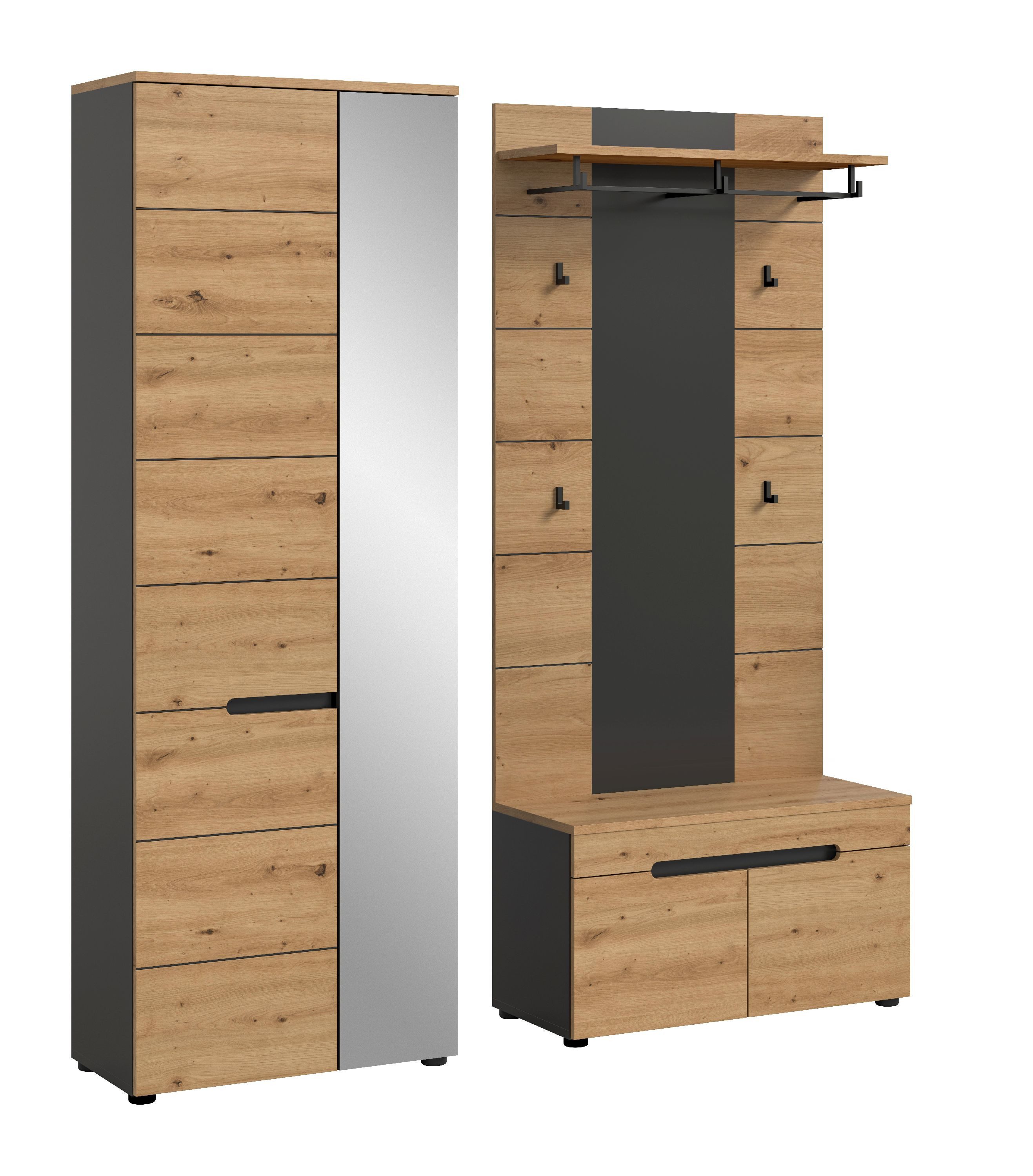 xonox.home Garderoben-Set, (3tlg. Set inkl. Garderobenschrank, Sitzbank, Paneel), Basalt grau Nachbildung Melamin beschichtet modern 160x190x37 cm