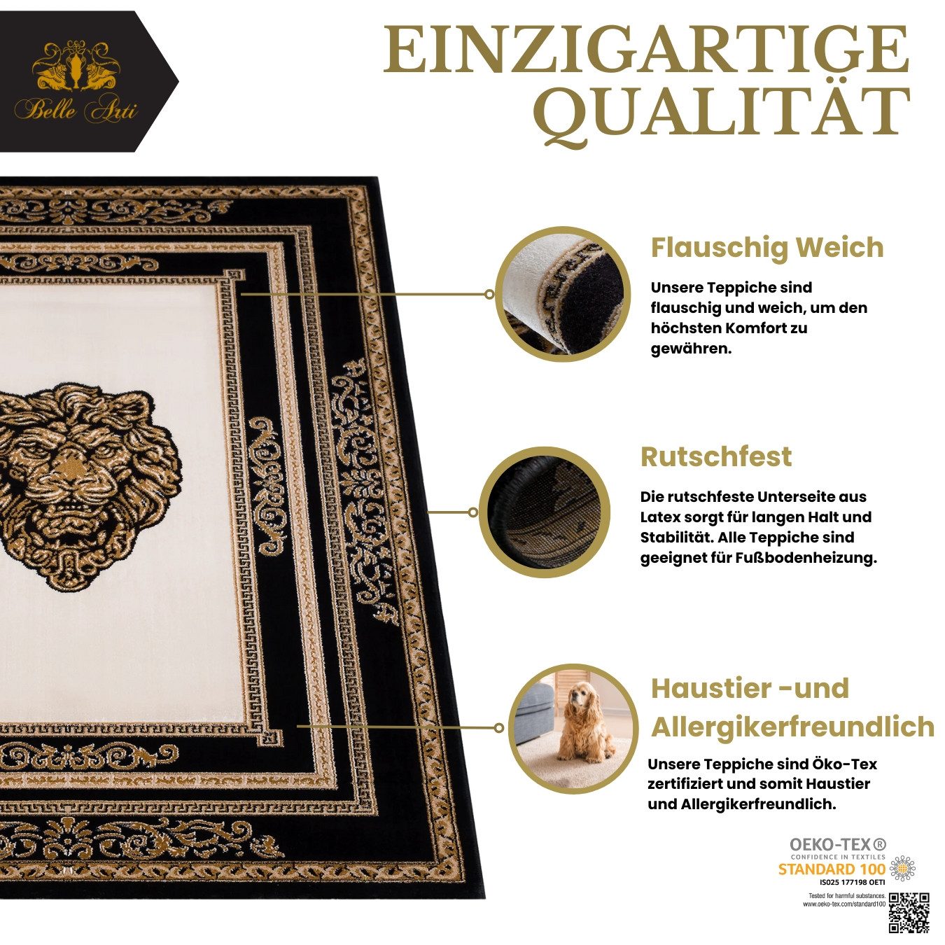Belle Arti Teppich Teppich Wohnzimmer Wohnzimmerteppich Löwenkopf Löwe Motiv schwarz gold, Kurzflor, Anti-Rutsch, orientalisch, Mäander Muster, Seidenoptik – Bild 5 von 5