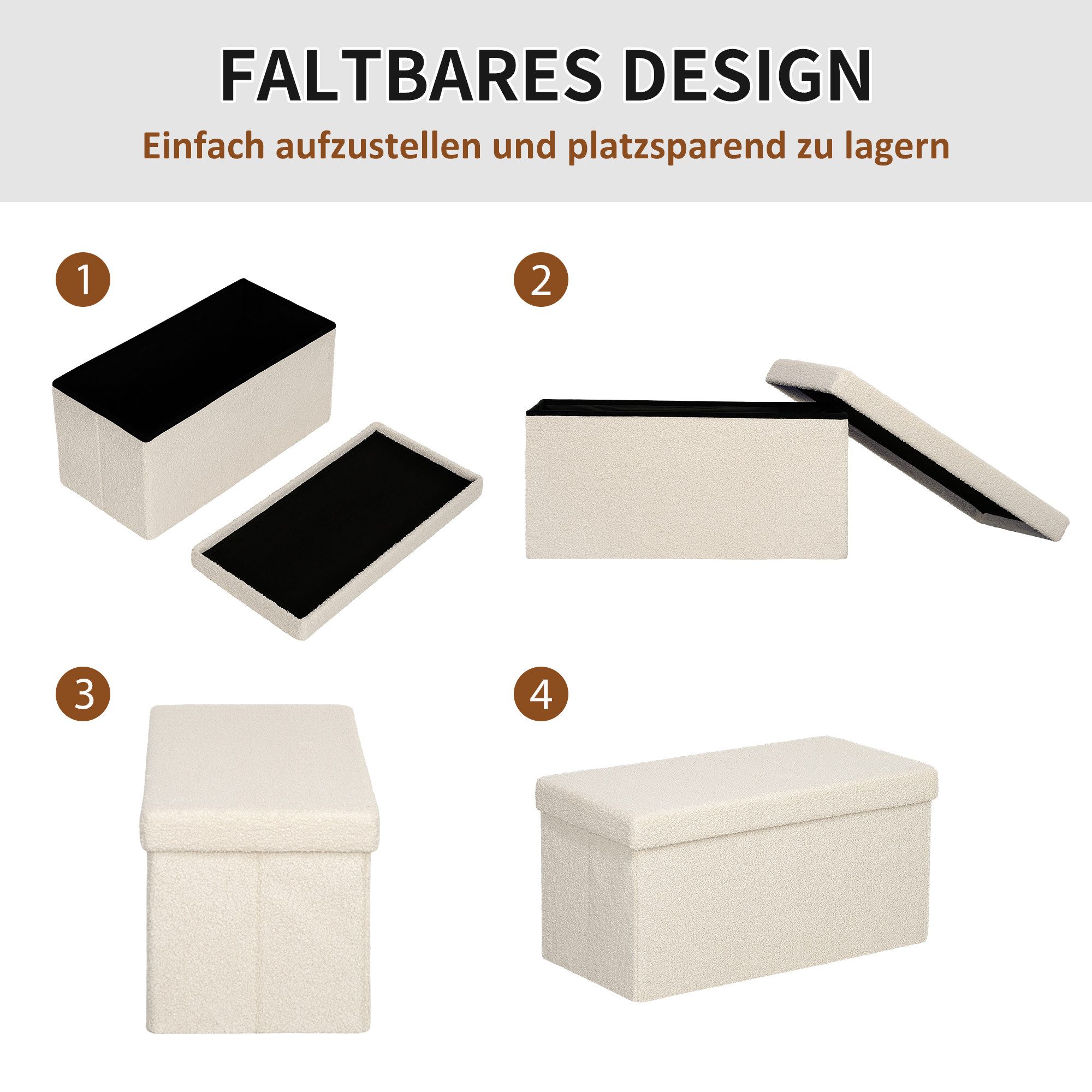 HOMCOM Sitzbank Stauraum faltbar mit Samtoptik Sitztruhe (Truhenbank, 1-St., Polsterbank), für Flur Schlafzimmer Wohnzimmer, 76 x 38 x 38 cm Cremeweiß – Bild 5 von 5