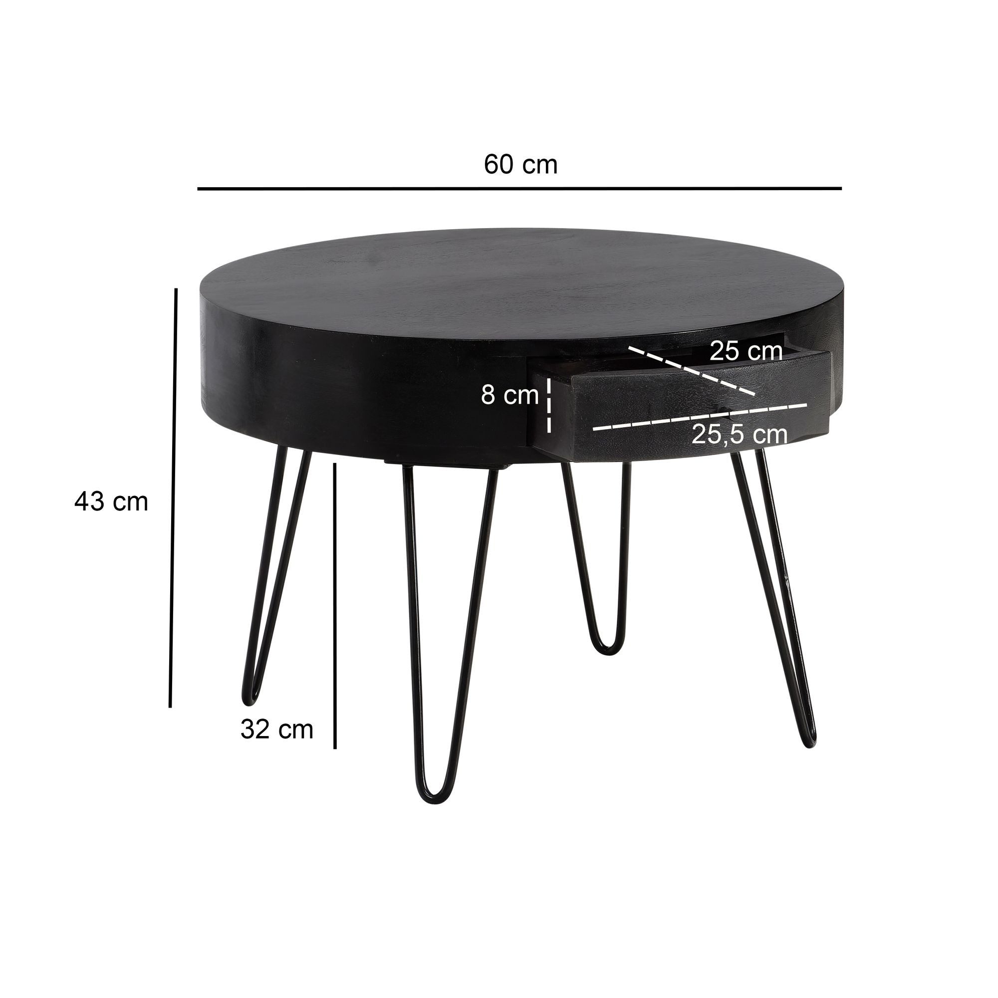 FINEBUY Couchtisch FB106176 Massivholz rund Ø 60 cm Wohnzimmertisch Schublade Schwarz (Massivholz Mango 60x60x43 cm, Tisch mit Schublade), Kleiner Wohnzimmertisch, Sofatisch Haarnadelbeine