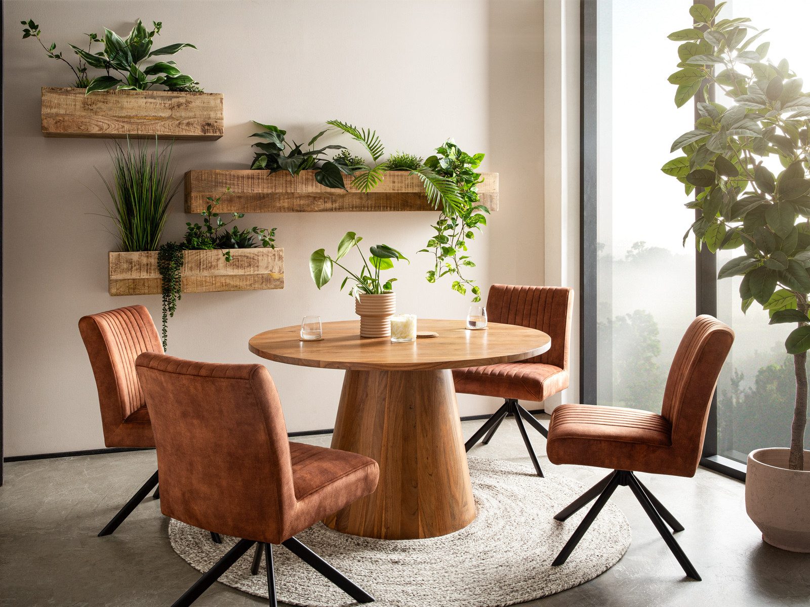 massivum Essgruppe Osbon, runder Esstisch Akazie mit 4 Drehstühlen Tischgruppe