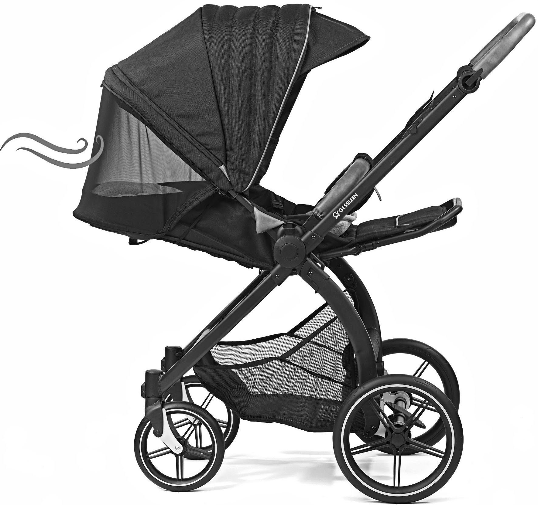 Gesslein Kombi-Kinderwagen FX4 Soft+ mit und schwarz, Aufsatz mit sand, C3 Swing Babywanne Babyschalenadapter