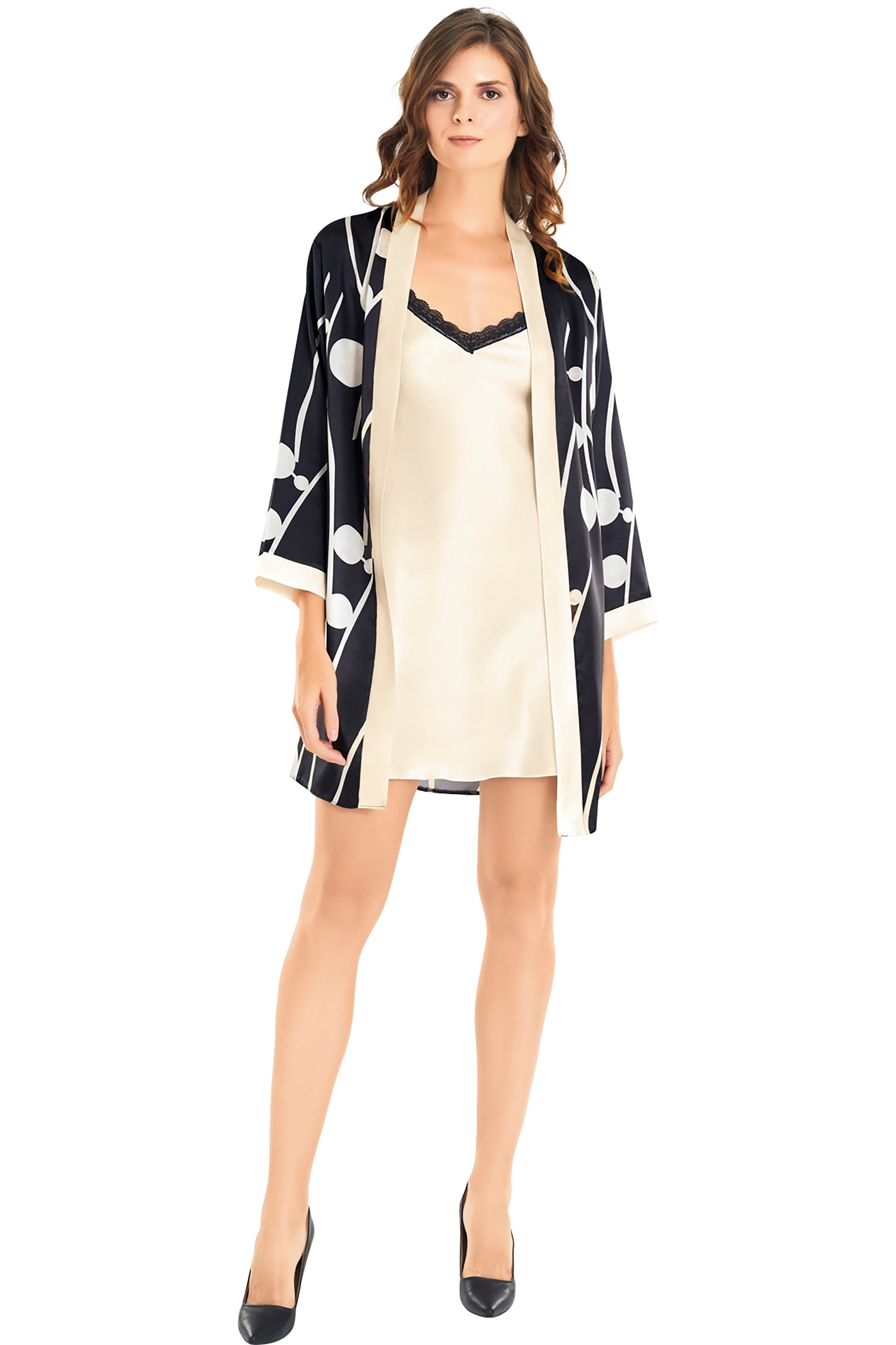 Nachthemd Satin-Nachthemd-Set für Damen – 2-teilig mit Kimono & Spitze