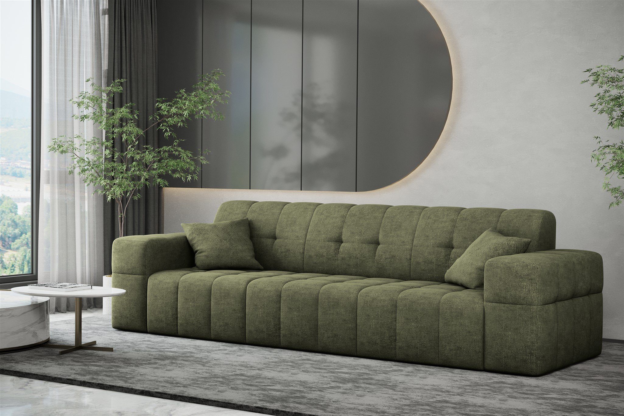 Fun Möbel Sofa Sofa Designer-Sofa NANCY 3-Sitzer in Stoff Harmony, Rundumbezug Olivgrün