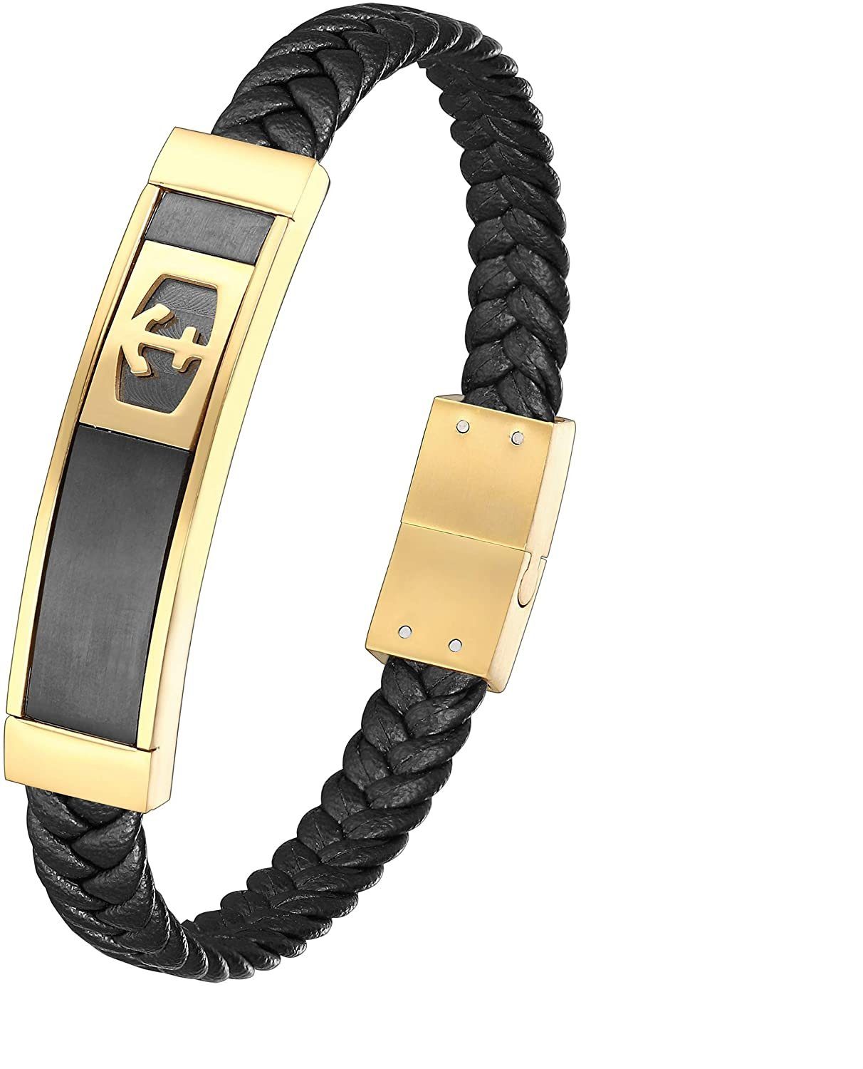 Karisma Lederarmband Karisma Männer Klassiches Lederarmband mit Edelstahl Logo, Anker Platte Länge 21cm BLQ249 - Gold-black