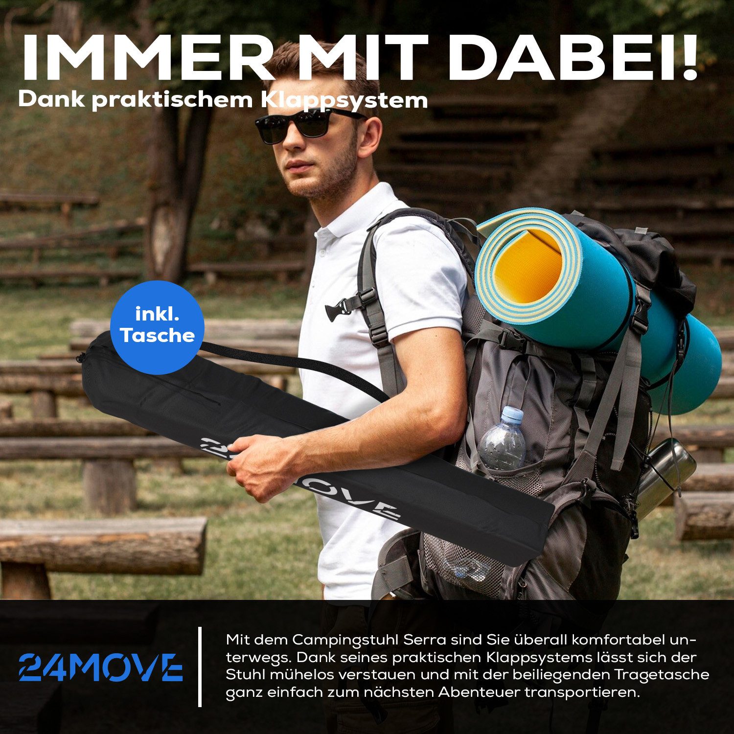 24Move Campingstuhl 24MOVE® Campingstuhl faltbar,Anglerstuhl,Liegestuhl mit Getränkehalter, mit Tragetasche, schwarz, Klappstuhl, bis 100kg belastbar – Bild 4 von 5