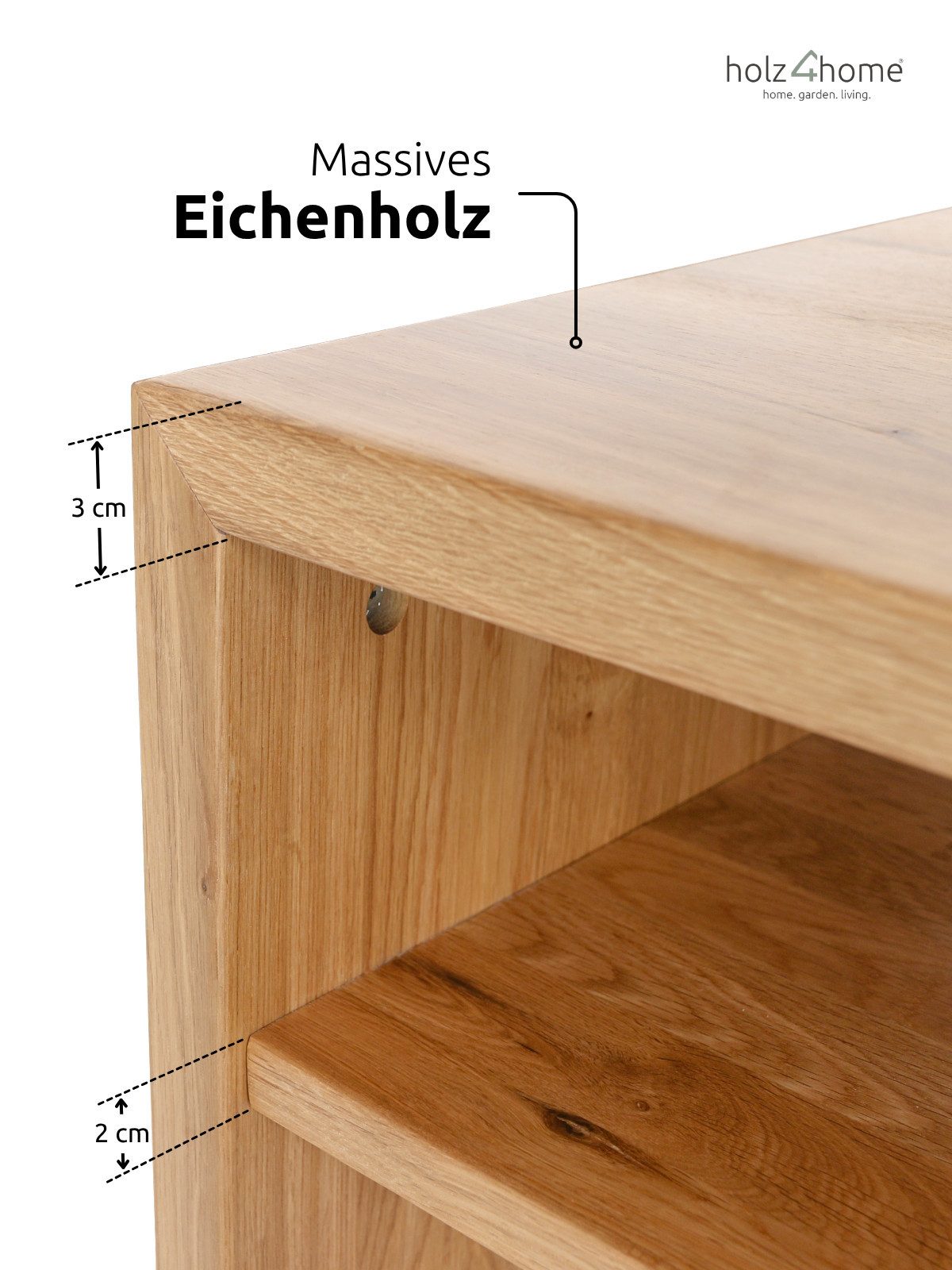 holz4home® Couchtisch Kaffeetisch aus 100% Massivholz Eiche I Beistelltisch aus Echtholz, 100% Massivholz Eiche, Zwei Ablagen