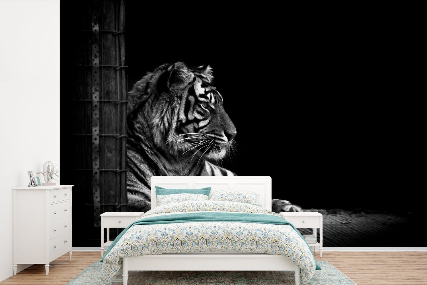 MuchoWow Fototapete Tiger - Tiere - Schwarz - Weiß, Matt, bedruckt, (6 St), Wallpaper für Wohnzimmer, Schlafzimmer, Kinderzimmer, Vinyl Tapete