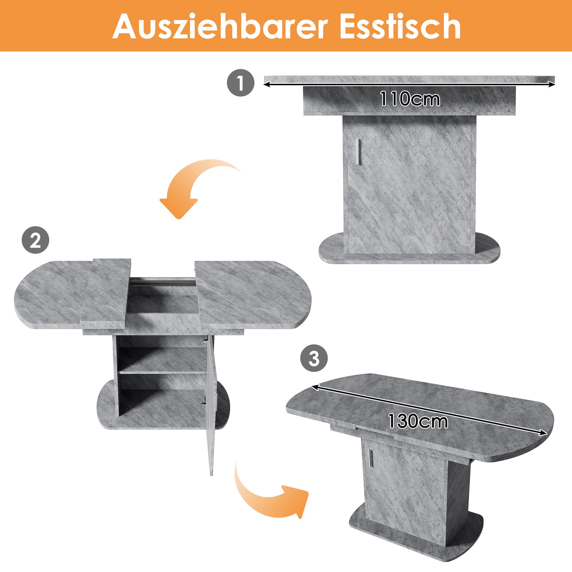 HAUSS SPOLE Esstisch 110/130x70x75cm, Ausziehbarer ovaler Esstisch mit Stauraum, Grau (Arbeitstisch, Schreibtisch,Küchentisch, 1-St., 2 Staufächer und 1 Aufbewahrungsschränke), ovaler, ausziehbar 110-130cm Tischplatte,mit Stauraum