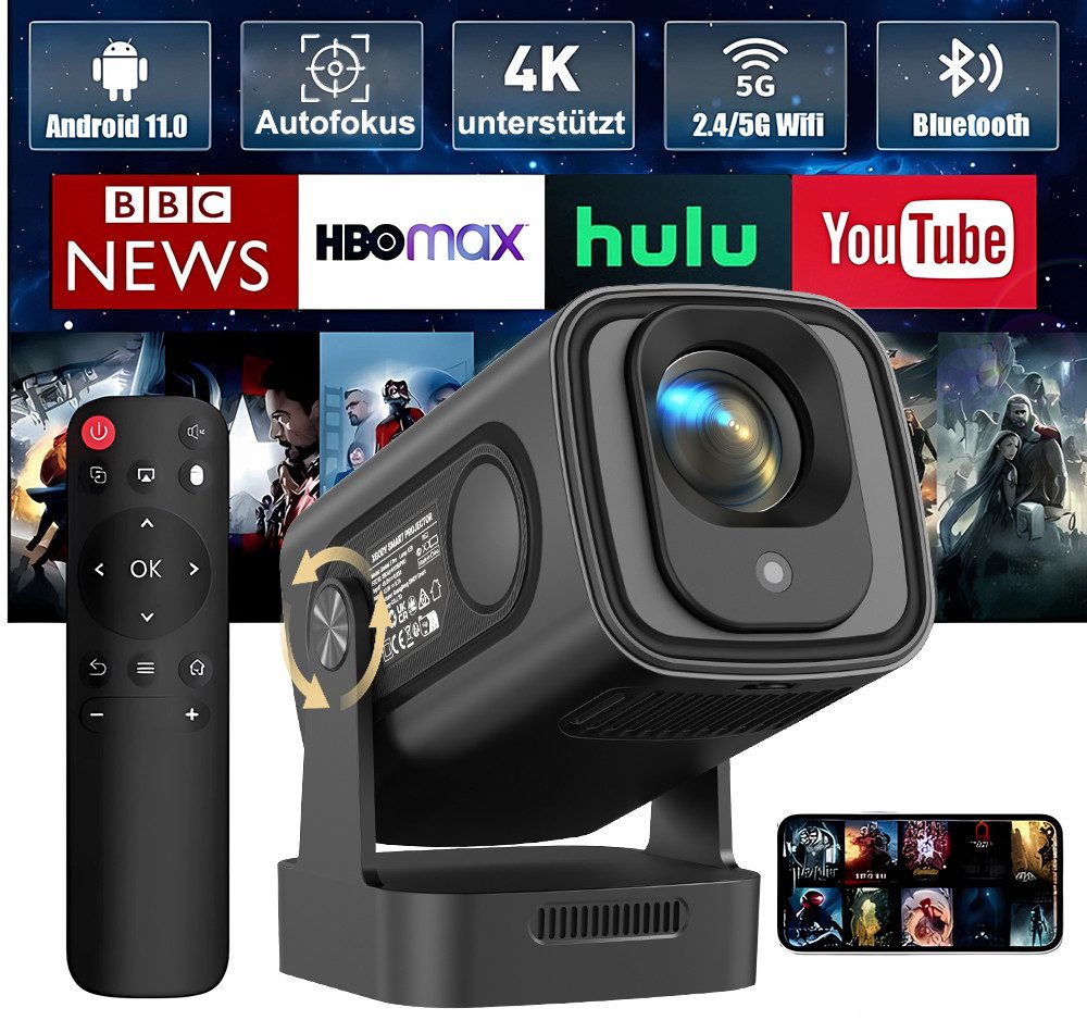 XGODY Gimbal 5 Pro-Autofokus-Beamer Мини-проектор (12000 lm, 10000:1, 1920 X1080P px, BT 5.0 Auto Trapezkorrektur, 150-Zoll-Display für Phone/PC/PS5/Xbox)