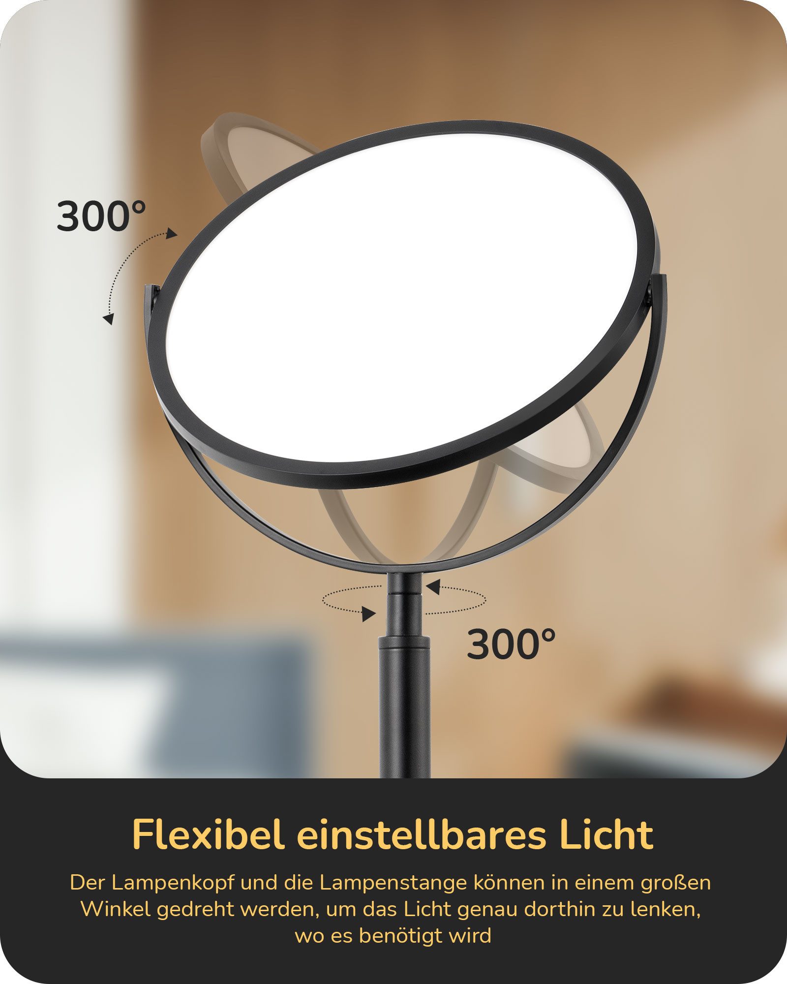 EDISHINE LED Tischleuchte 55 cm Schwarz 300° drehbares LED-Panel, LED fest integriert, 4 Farbtemperaturen Touch Dimmbar, Nachtmodus & Timer