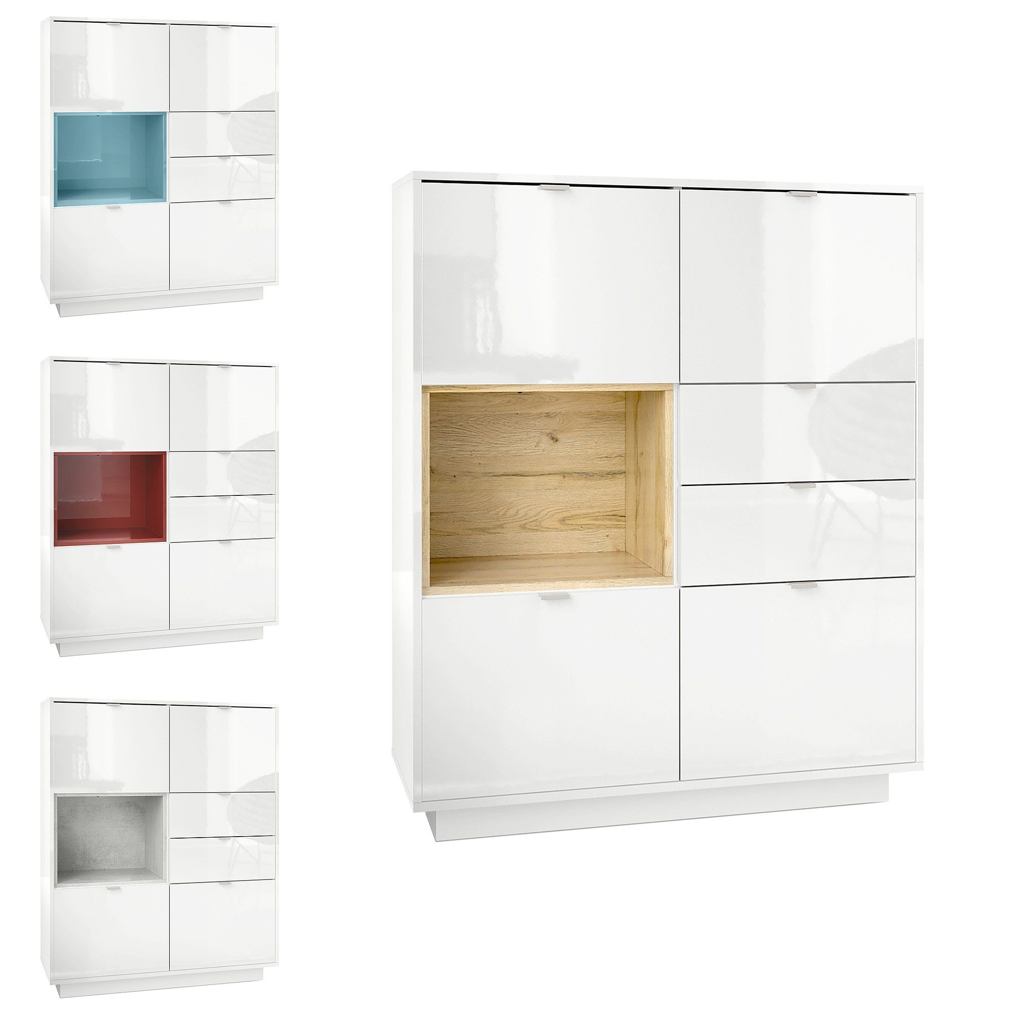 Vladon Highboard Metro (Highboard, mit 4 Türen, 2 Schubladen und 1 offenem Fach), Weiß Hochglanz/Beton Oxid Optik (103 x 123 x 38 cm)