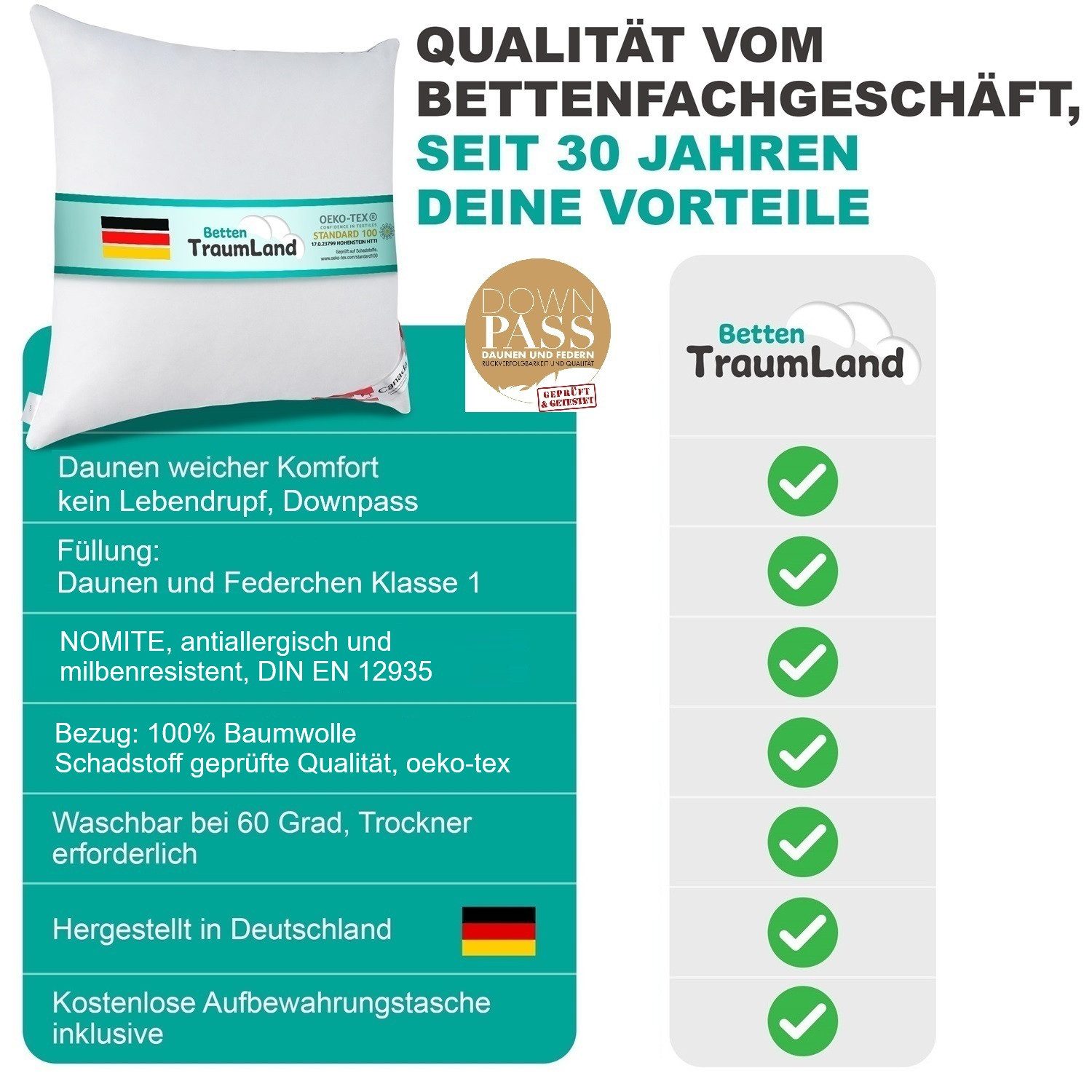Canada Seitenschläferkissen Daune Federchen beste Qualität, 1-tlg., atmungsaktiv, formbar, für Allergiker geeignet – Bild 2 von 5