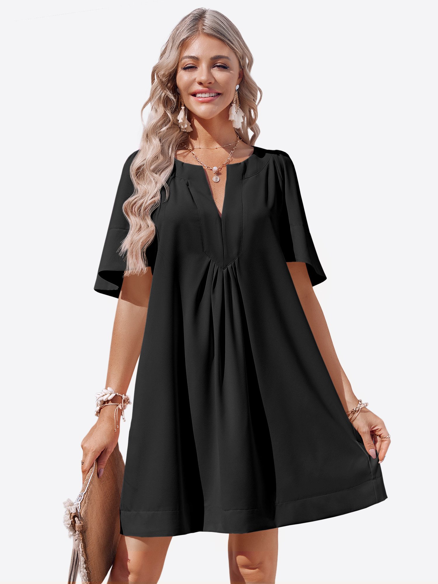 Imily Bela Minikleid Damen Lockeres Kleid mit V-Ausschnitt & Trompetenärmeln (Packung, 1-tlg., 1per-Pack) Mit Seitentaschen