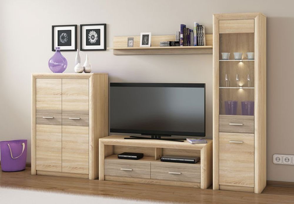 Wohnwand Castel, (Set, 1 Vitrine - 1 Lowboard - 1 Highboard - 1 Wandregal), Gesamtmaße B/T/H: 285 cm / 43 cm / 201 cm
