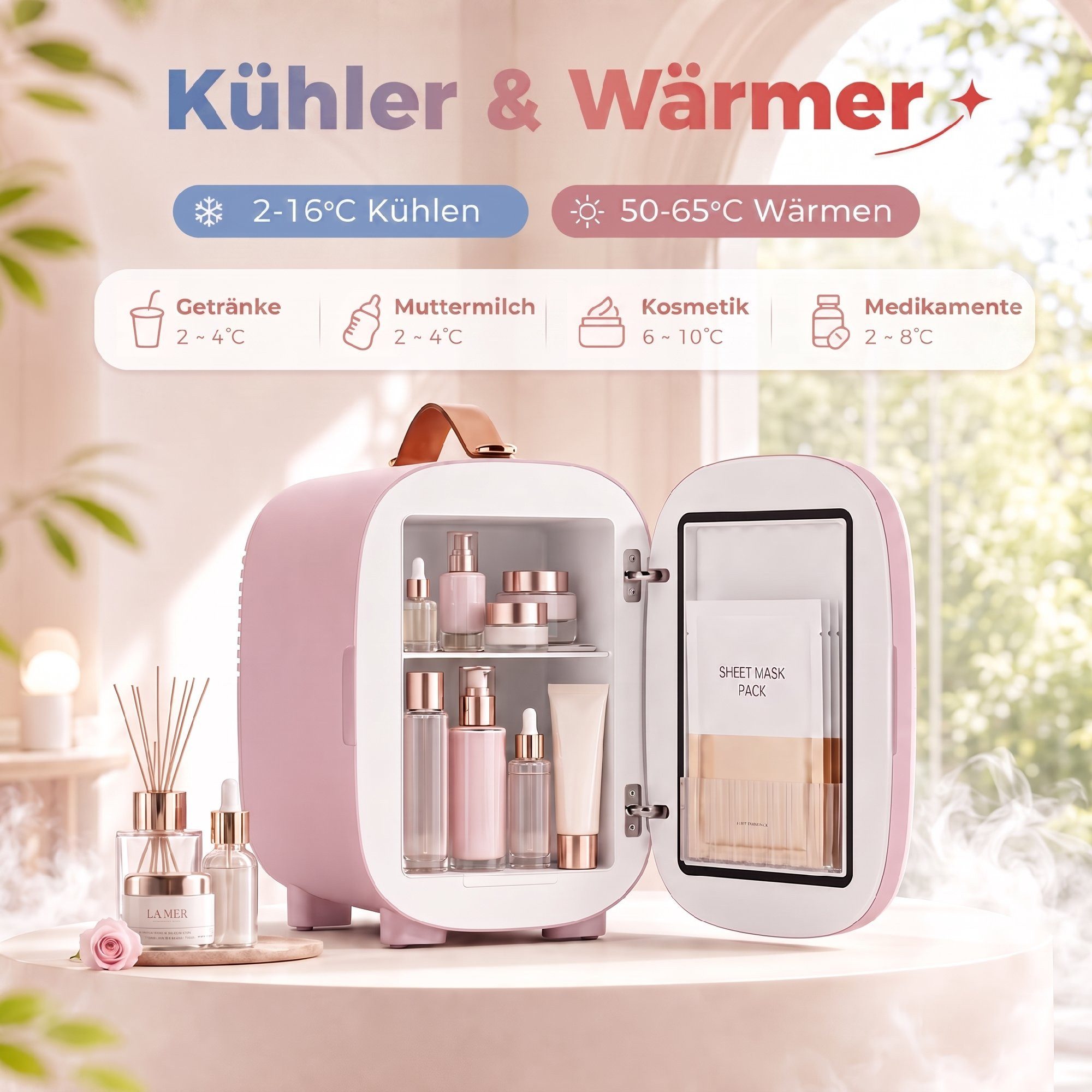 HOMCOM Kühlbox Mini Kühlschrank 4 Liter mit Kühl- und Heizfunktion Skincare, für Kosmetik, Getränke, Obst, Rosa – Bild 5 von 5