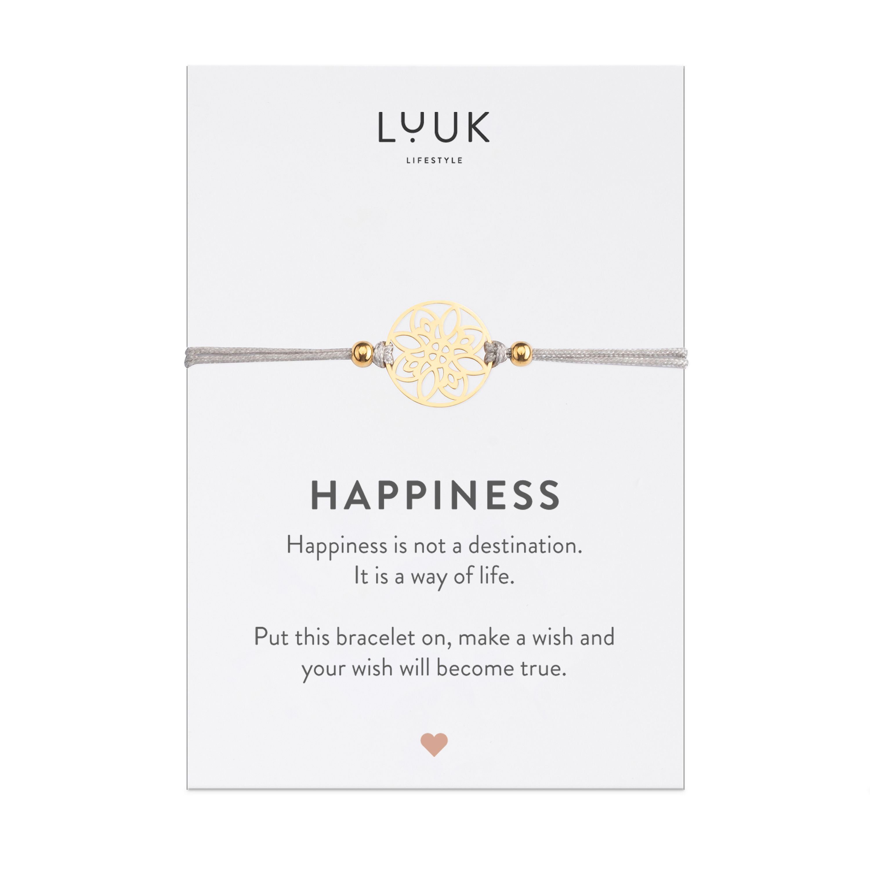 LUUK LIFESTYLE Freundschaftsarmband Blume, handmade, mit Happiness Spruchkarte Gold | Armbänder