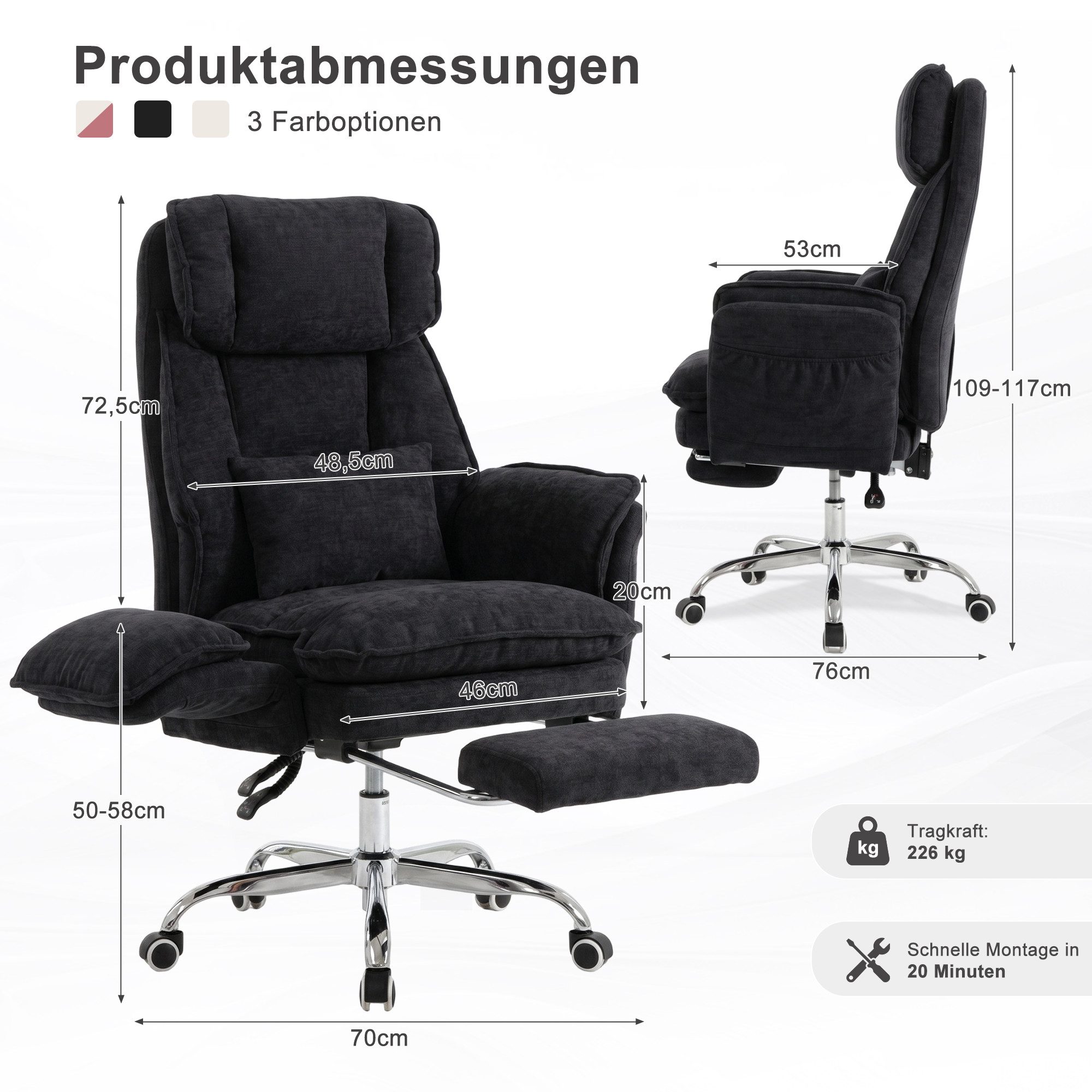 UEV Bürostuhl ergonomisch mit klappbarer Fußstütze Mesh bis 226kg, neigbar bis 150° (Packung), Hochklappbare Armlehnen/Integrierte Fußstütze/leichtgängiges Rad – Bild 5 von 5