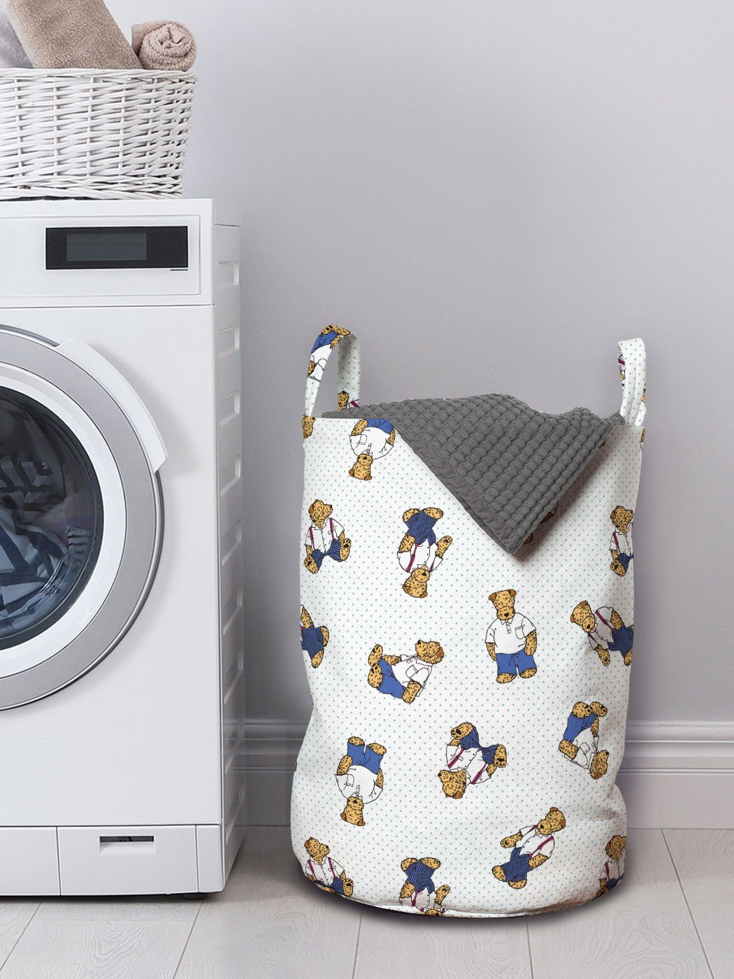 Abakuhaus Wäschesäckchen Wäschekorb mit Griffen für gepunktete Waschsalons, Teddybär-Karikatur Kordelzugverschluss