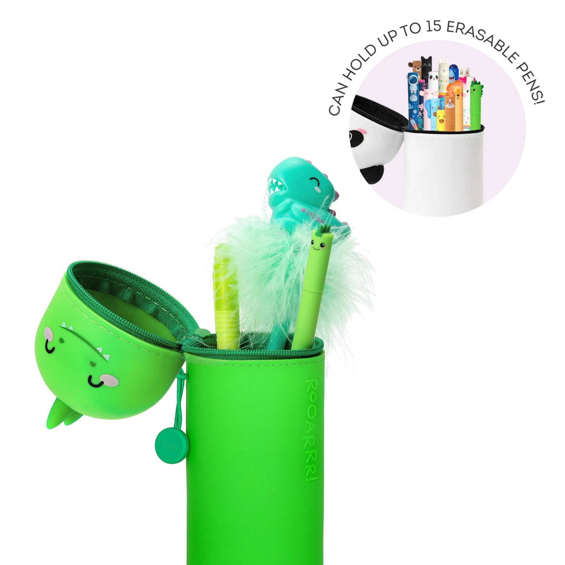 Legami Federmäppchen Kawaii 2-in-1 Schulmäppchen aus Silikon, Dino-Thema, H 18,5 cm, Weiches Material, Reißverschluss, für Stifte und Marker – Bild 2 von 5