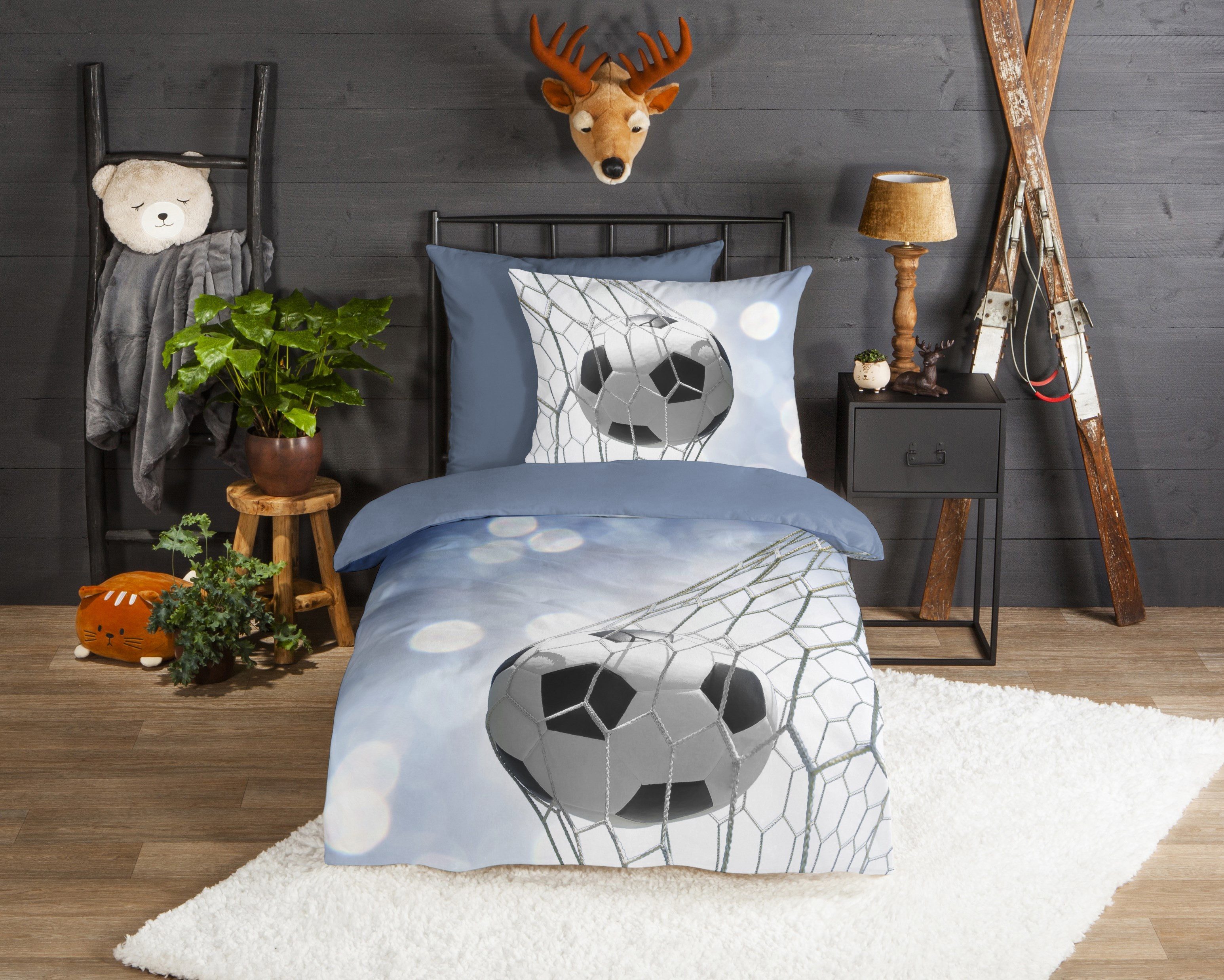 good morning Kinderbettwäsche Tijmen, Biber, Flanell, 2 teilig, Flanell Biber, 135x200, Warm, Reißverschluss, Wende, Junge, Fußball