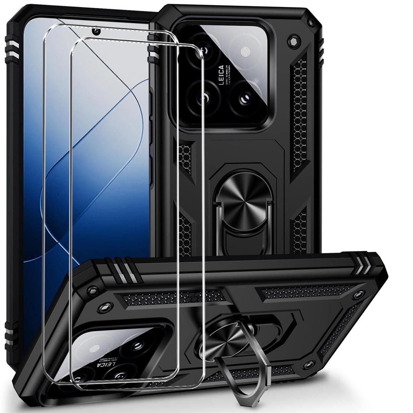 CoolGadget Handyhülle Schwarz als 2in1 Schutz Cover Set für das Xiaomi 14 6,36 Zoll, 2x 9H Glas Display Schutz Folie + 1x TPU Case Hülle für 14