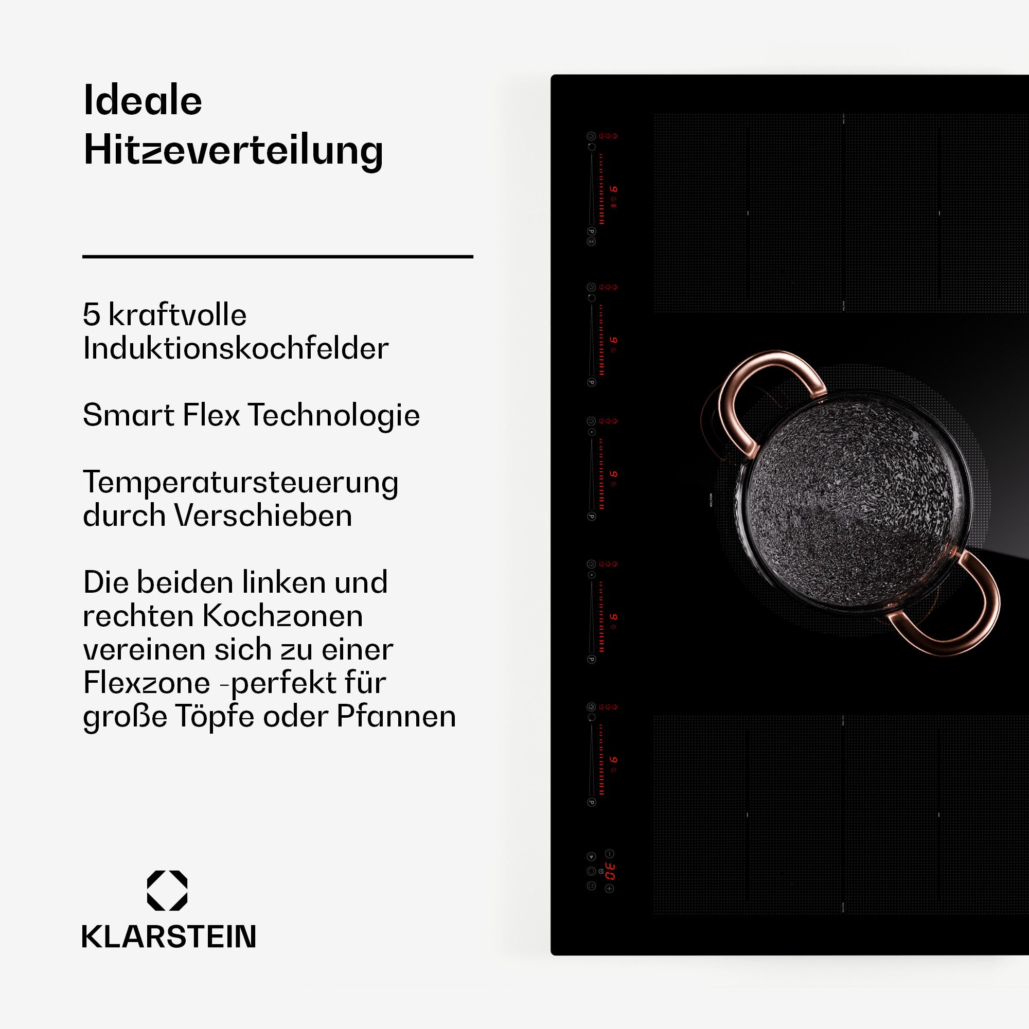 Klarstein Induktions-Kochfeld Masterzone 90 Flex Induktion 5 Zonen 12600W mit Booster & Smart Flex, Einbau-Kochfeld Glaskeramik 90 cm autark mit Slider & Restwärme