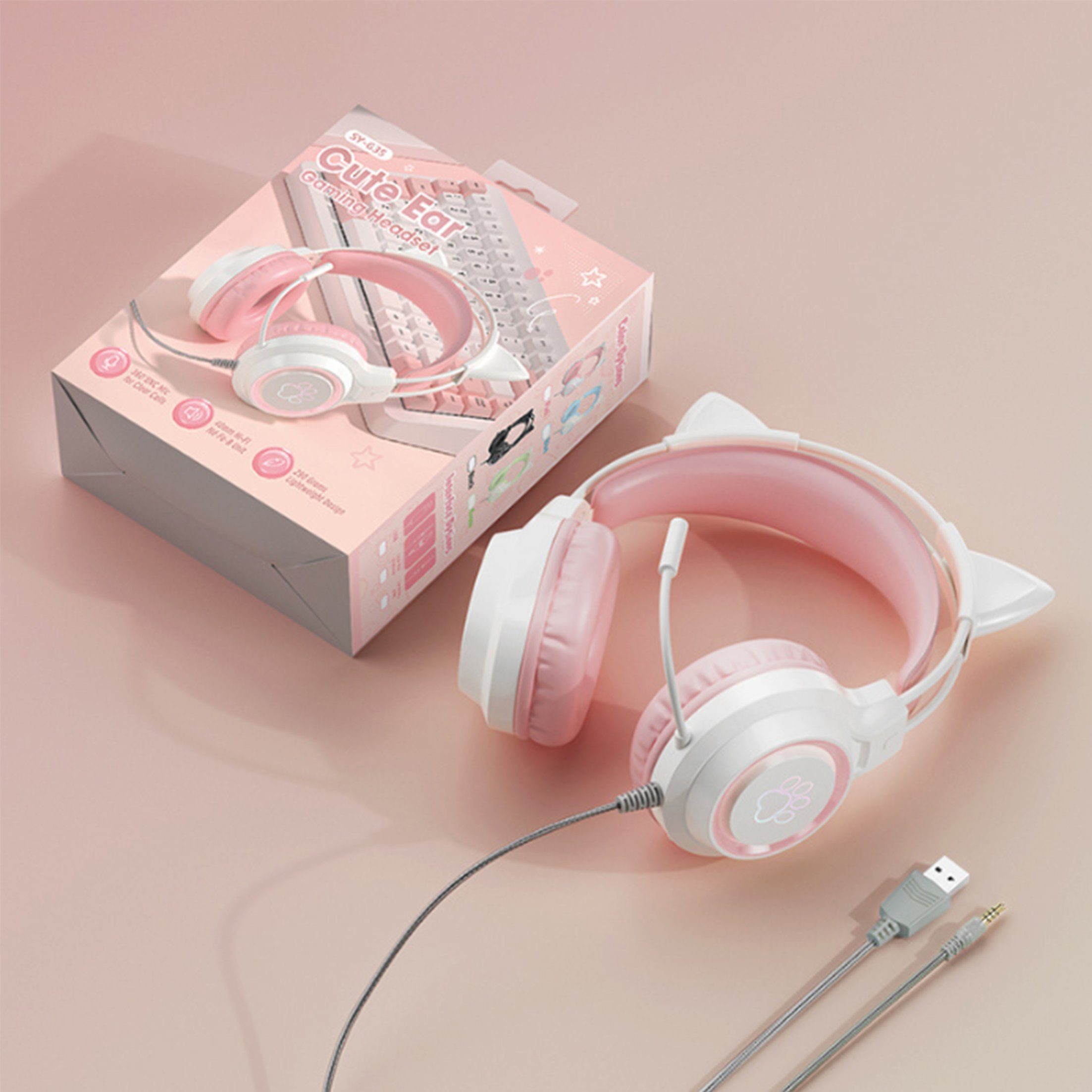 KINSI Headset,Gaming-Headset mit Rosa Over-Ear-Kopfhörer Katzenohren,Geräuschunterdrückung