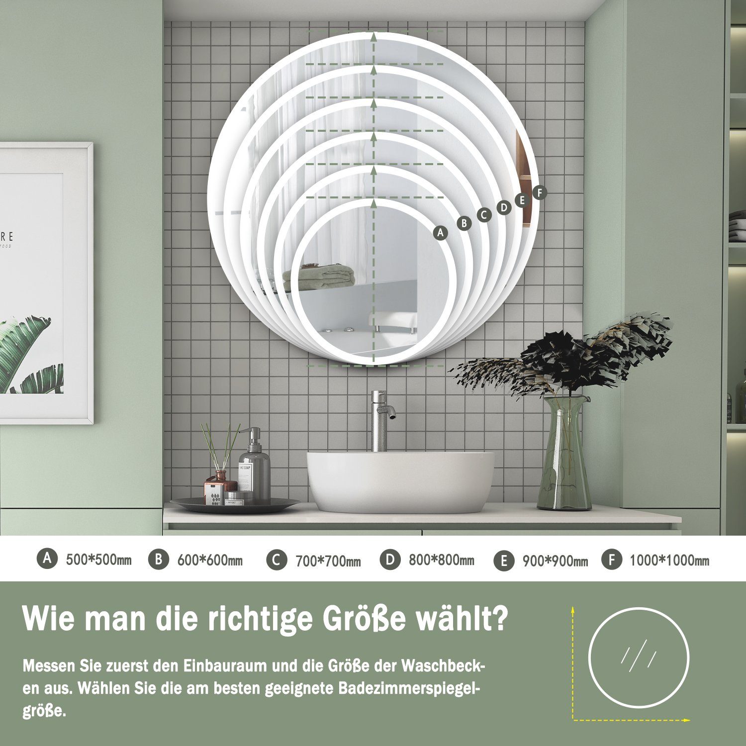 Uhr, Runder dimmbar Memory Touch/Wandschalter, Kalt/Neutral/Warmweiß Spiegel Schminkspiegel Badspiegel duschspa